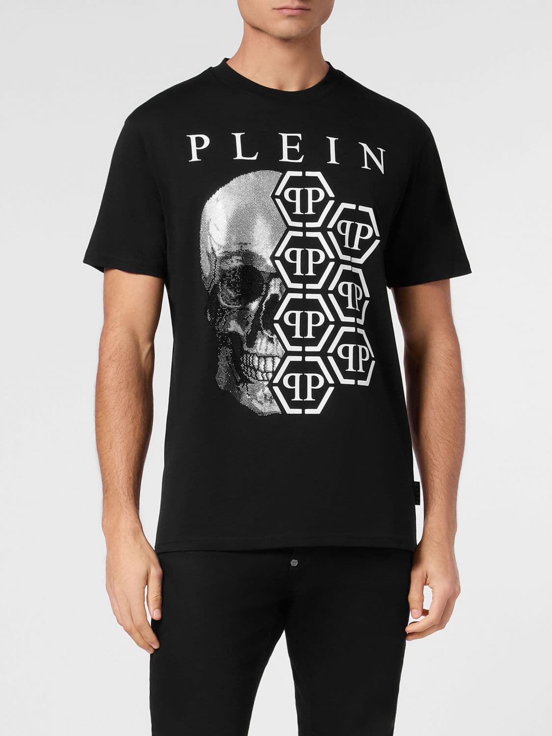 Philipp Plein Slim Fit Cotton T-Shirt with Skull and Monogram Print