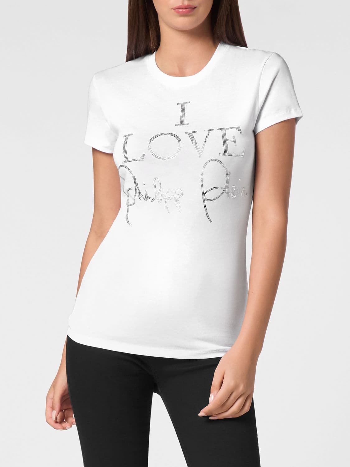 Philipp Plein Jersey T-shirt with Slogan Print and Rhinestone Embellishments