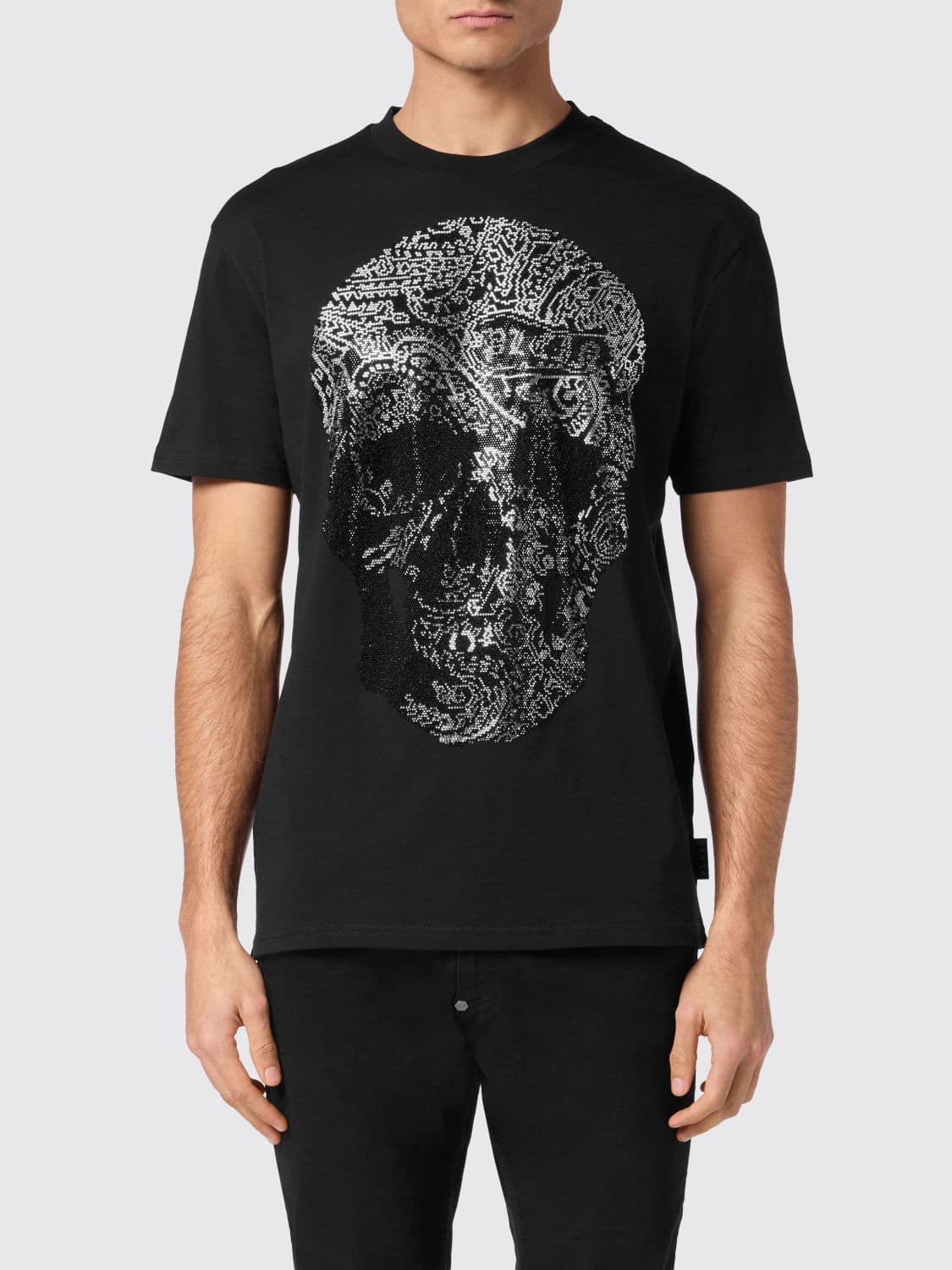 Philipp Plein Cotton T-Shirt with Skull Print and Rhinestone Application