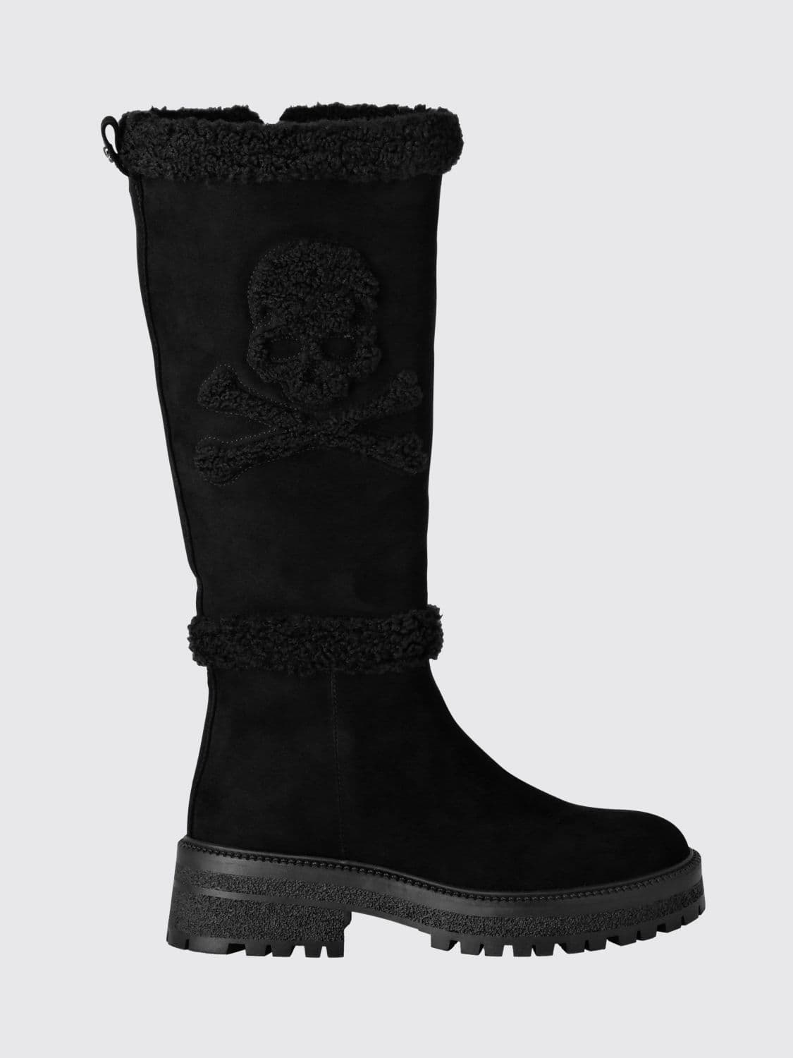 Philipp Plein Suede Knee-High Boots with Skull and Shearling Lining