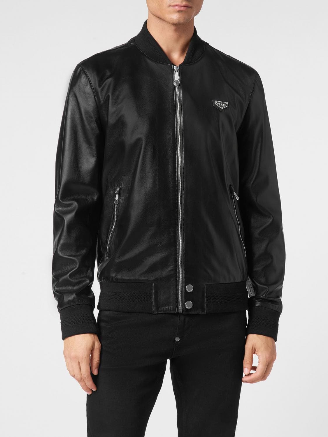Philipp Plein Leather Bomber Jacket with College Collar and Zip Pockets