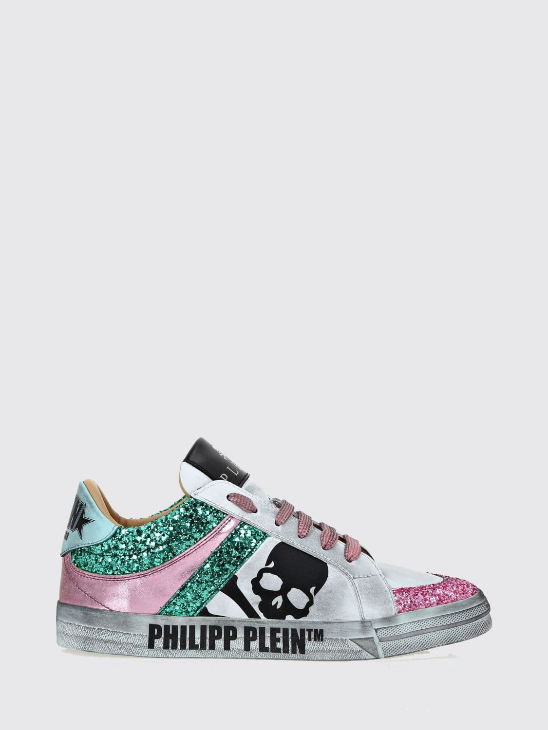 Philipp Plein Skull Sneakers in Leather and Glitter Fabric with Worn-Out Effect