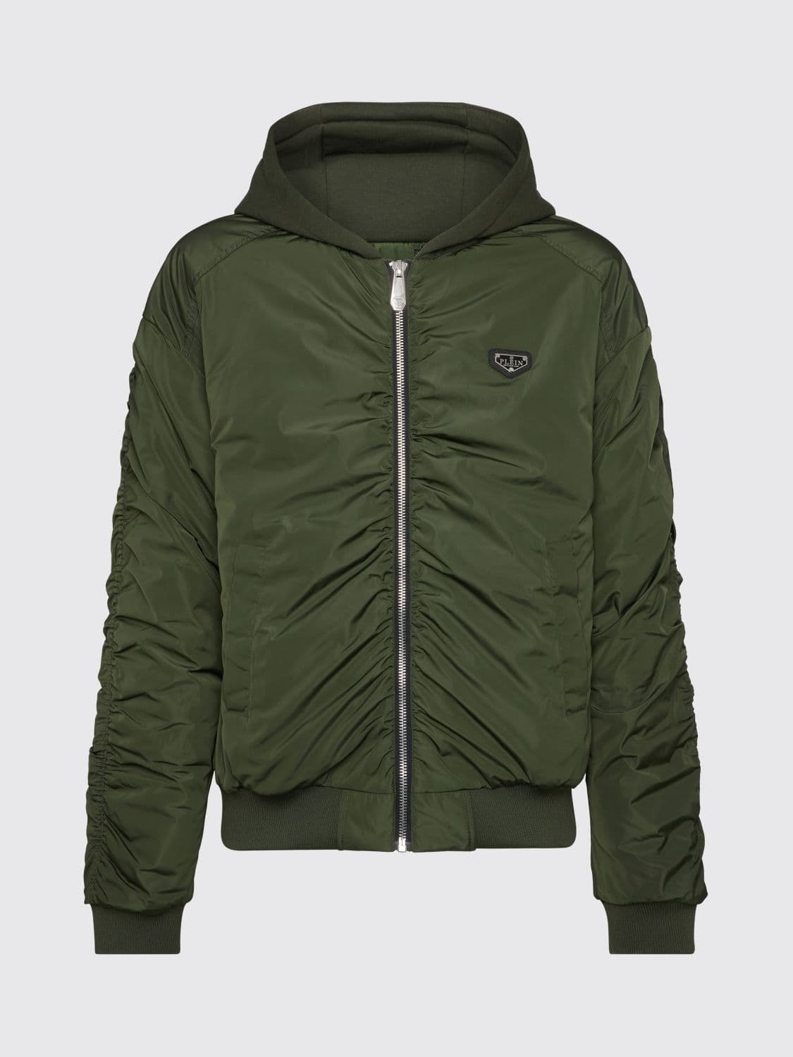 Philipp Plein Polyester Windbreaker Jacket with Hood and Zip Closure