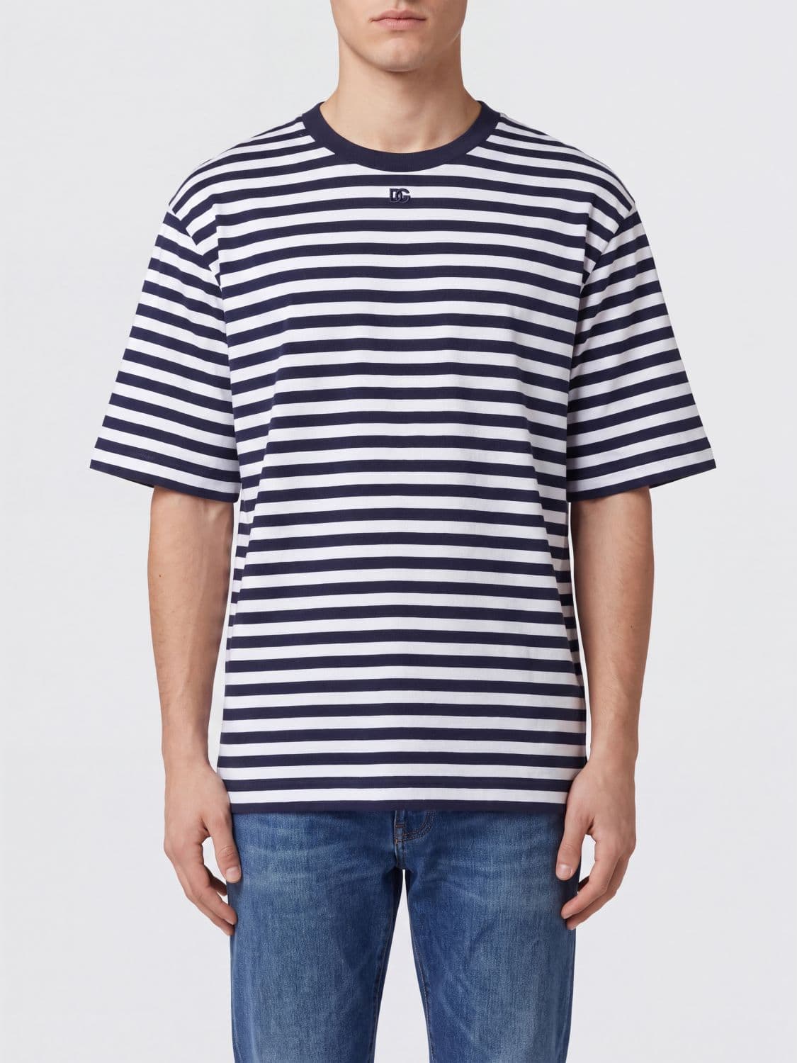 Dolce & Gabbana Striped Cotton T-shirt with DG Monogram and Dropped Shoulders