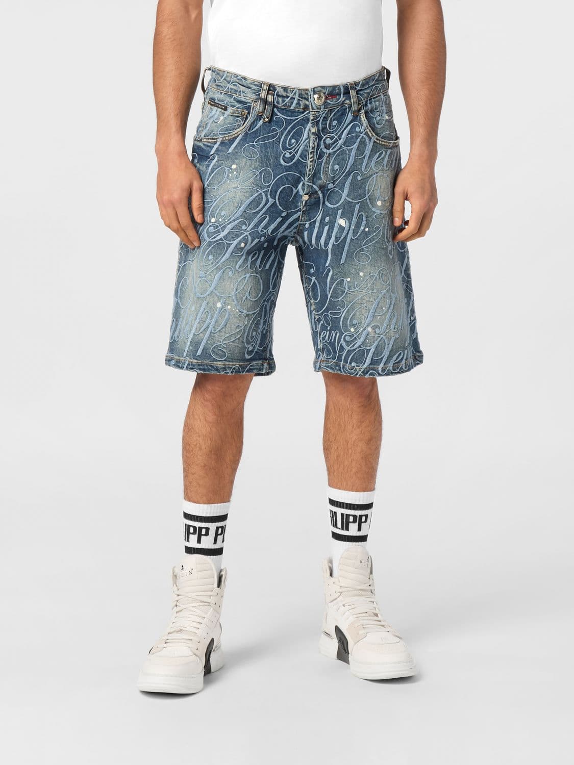 Philipp Plein Cotton Denim Bermuda Shorts with Five-Pocket Design