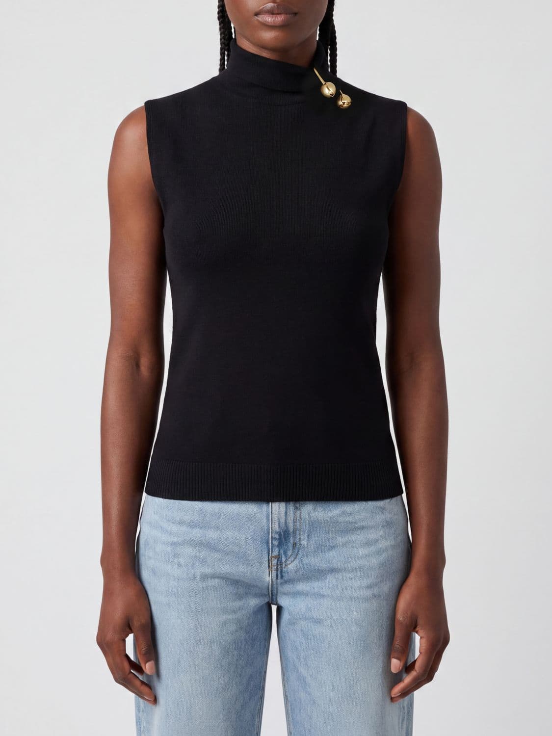 Alberta Ferretti Sleeveless Silk and Cashmere Mock Neck Top with Studs