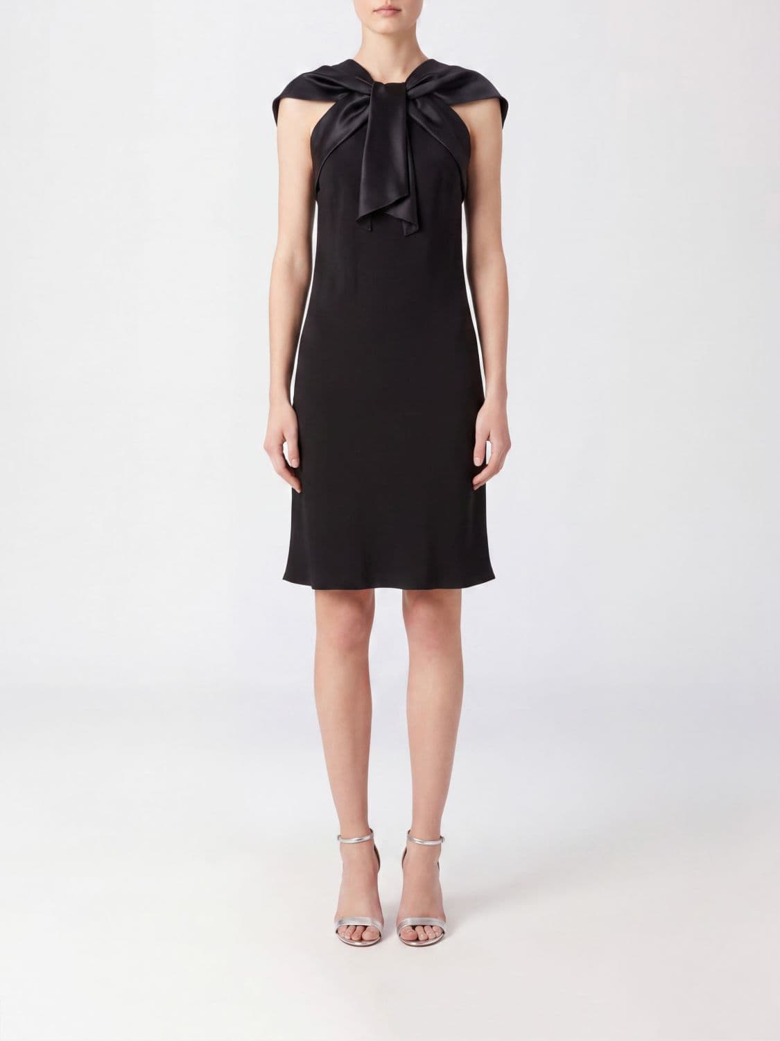 Alberta Ferretti Off-the-Shoulder Satin Sheath Midi Dress with Boat Neck