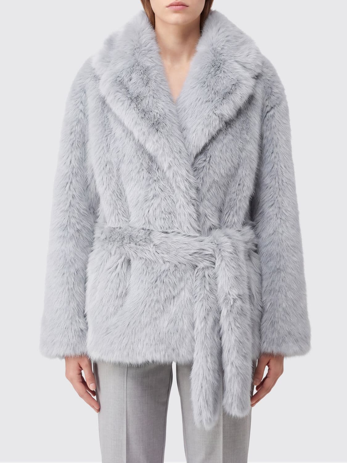 Pinko Robe Coat in Faux Fur with Belt and Classic Collar