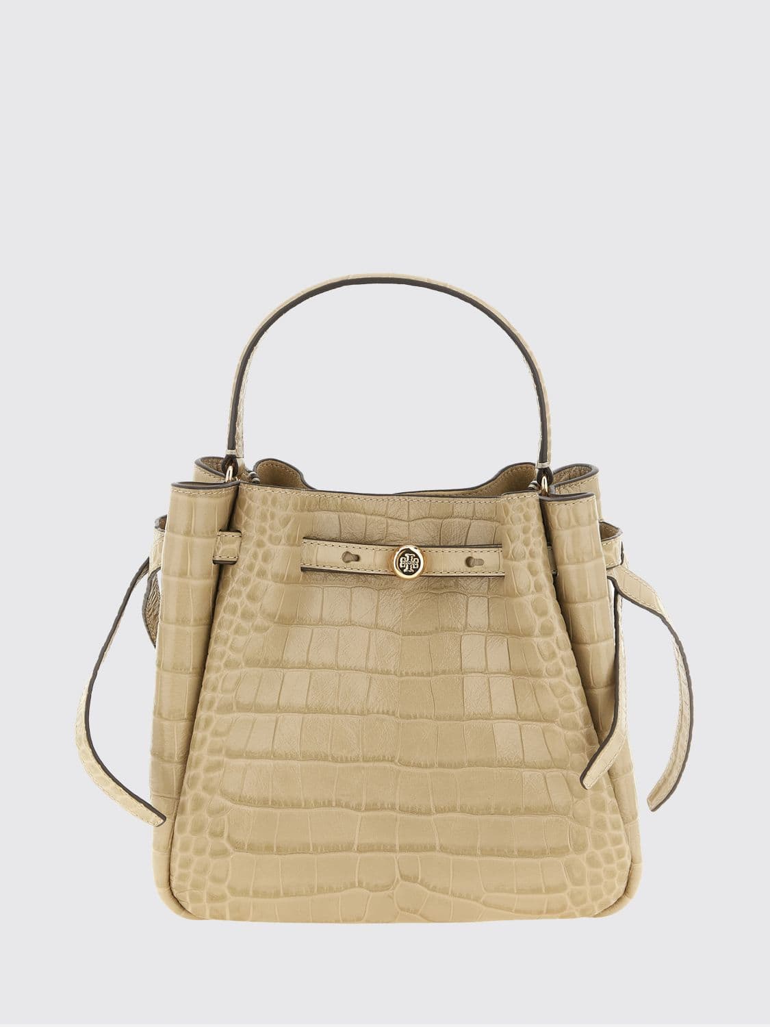 Tory Burch Romy Mini Bucket Bag in Croc-Embossed Leather with Woven Details