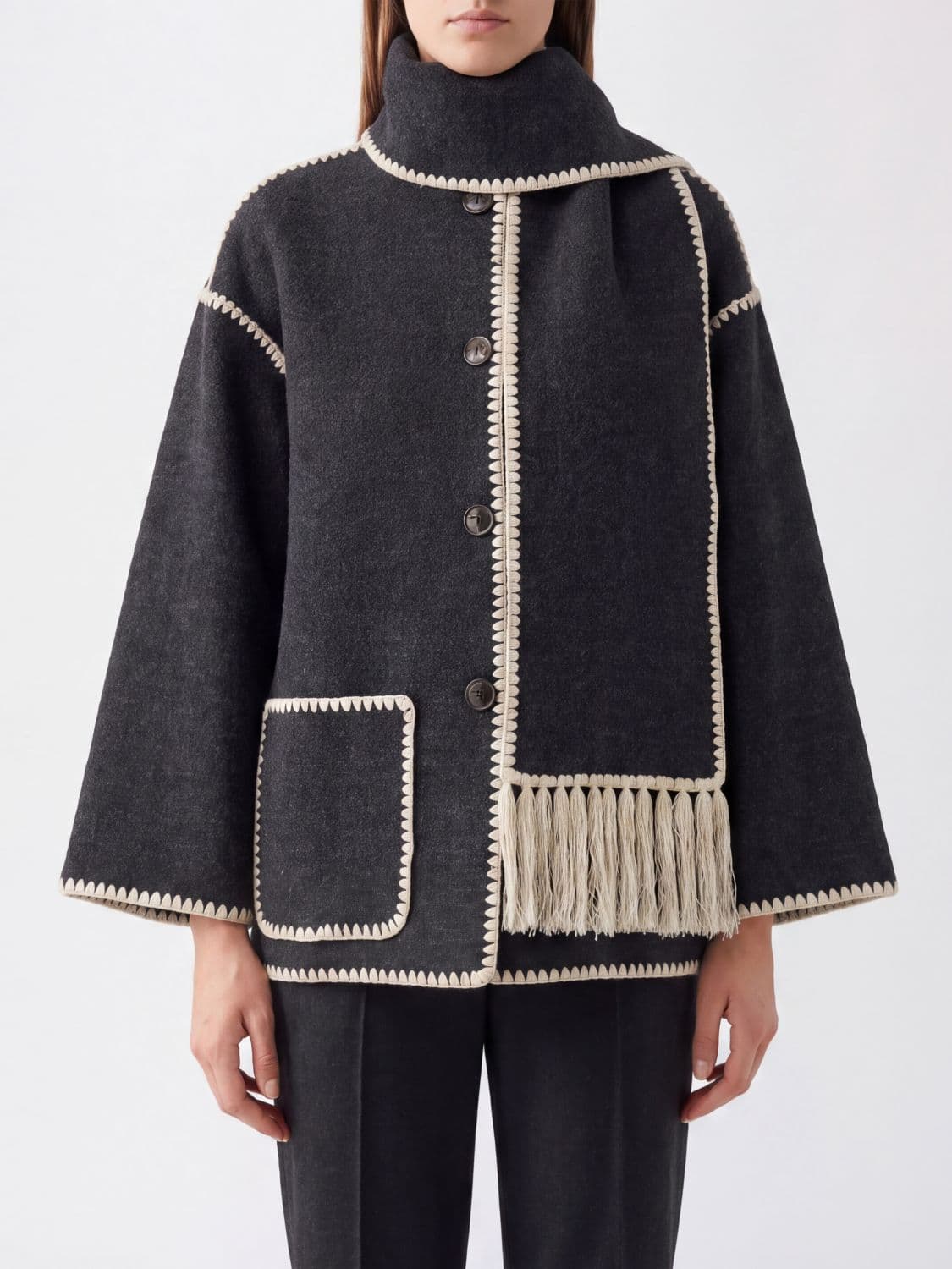 Toteme Relaxed Fit Short Coat in Recycled Wool with Scarf Collar