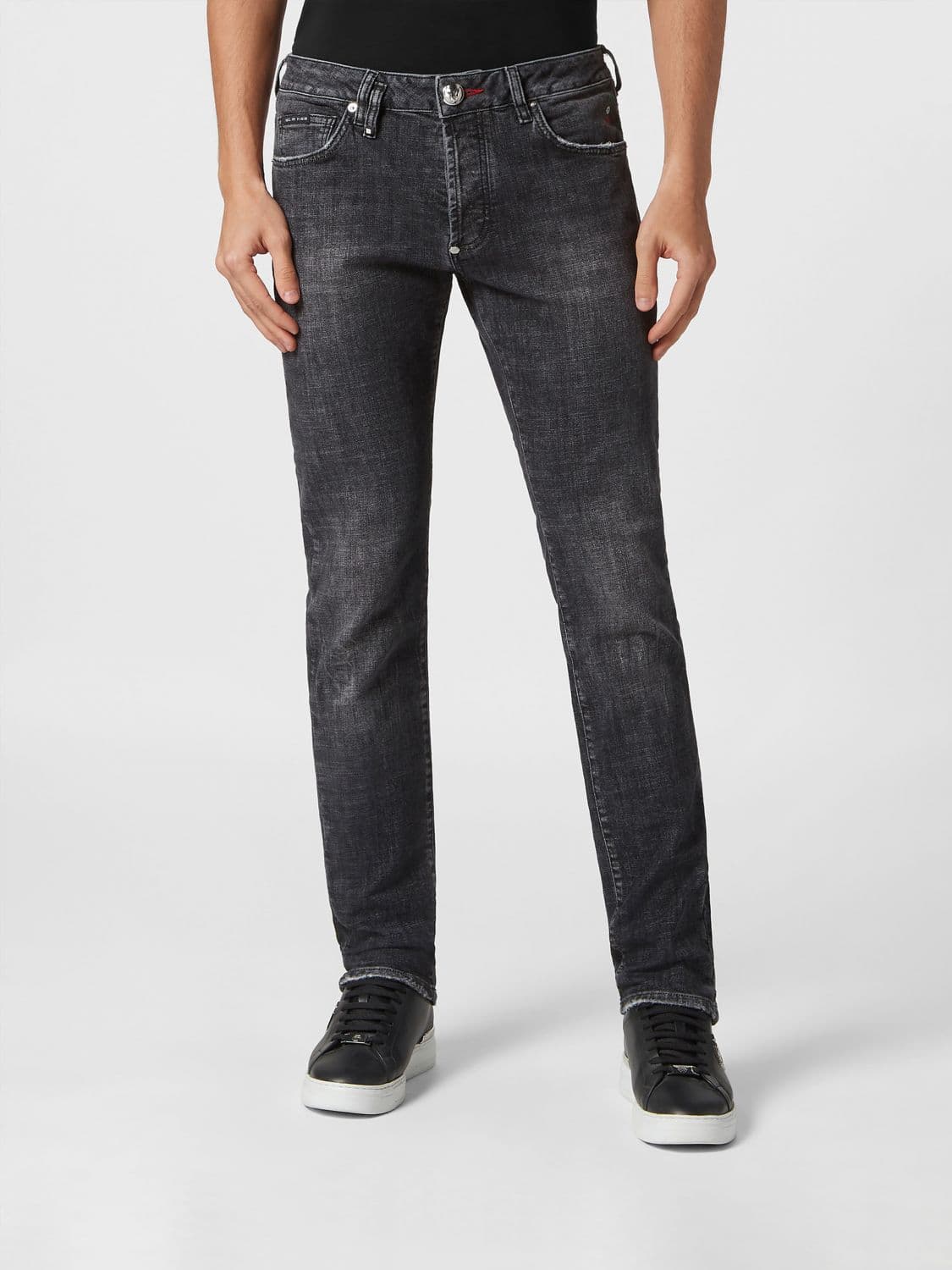 Philipp Plein Skinny Jeans in Black Stretch Denim with Rear Hexagon Logo