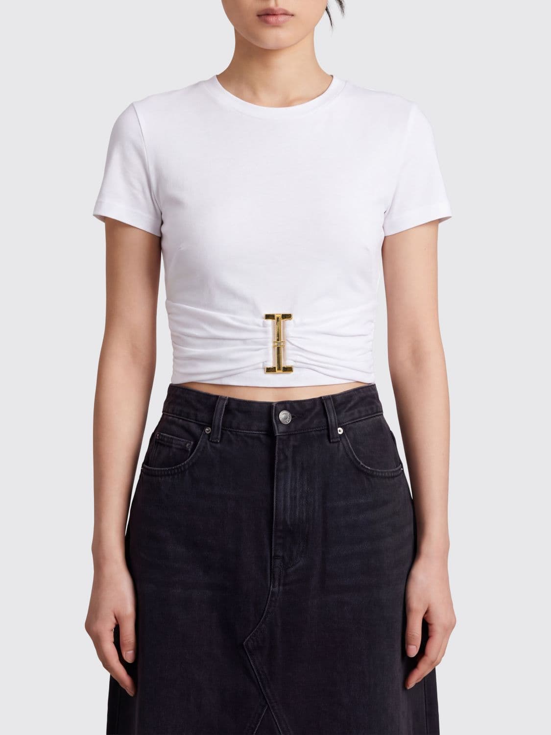 Elisabetta Franchi Cropped Cotton T-shirt with Metal Logo Plaque