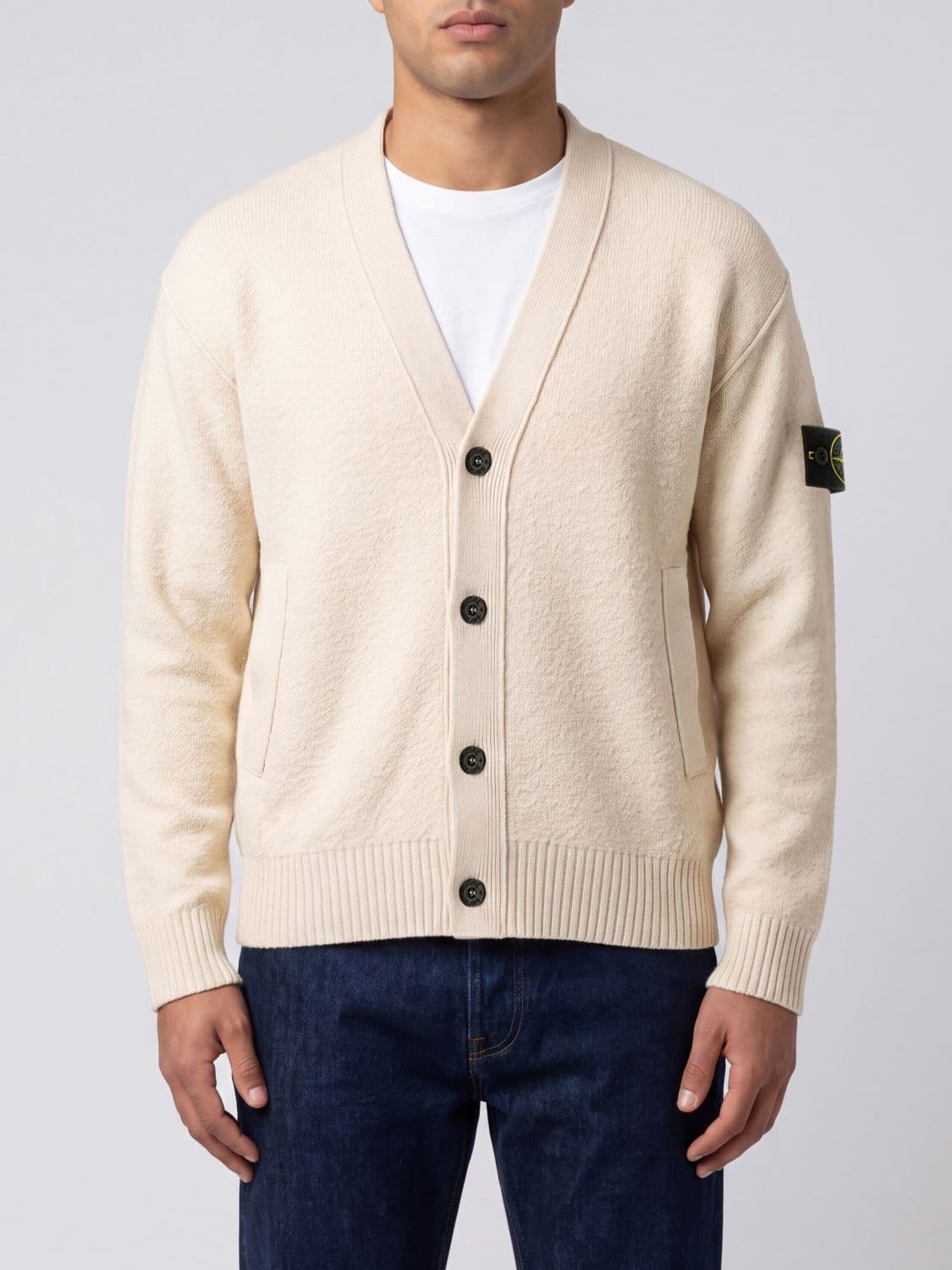 Stone Island V-Neck Cardigan in Pure Virgin Wool with Compass Logo