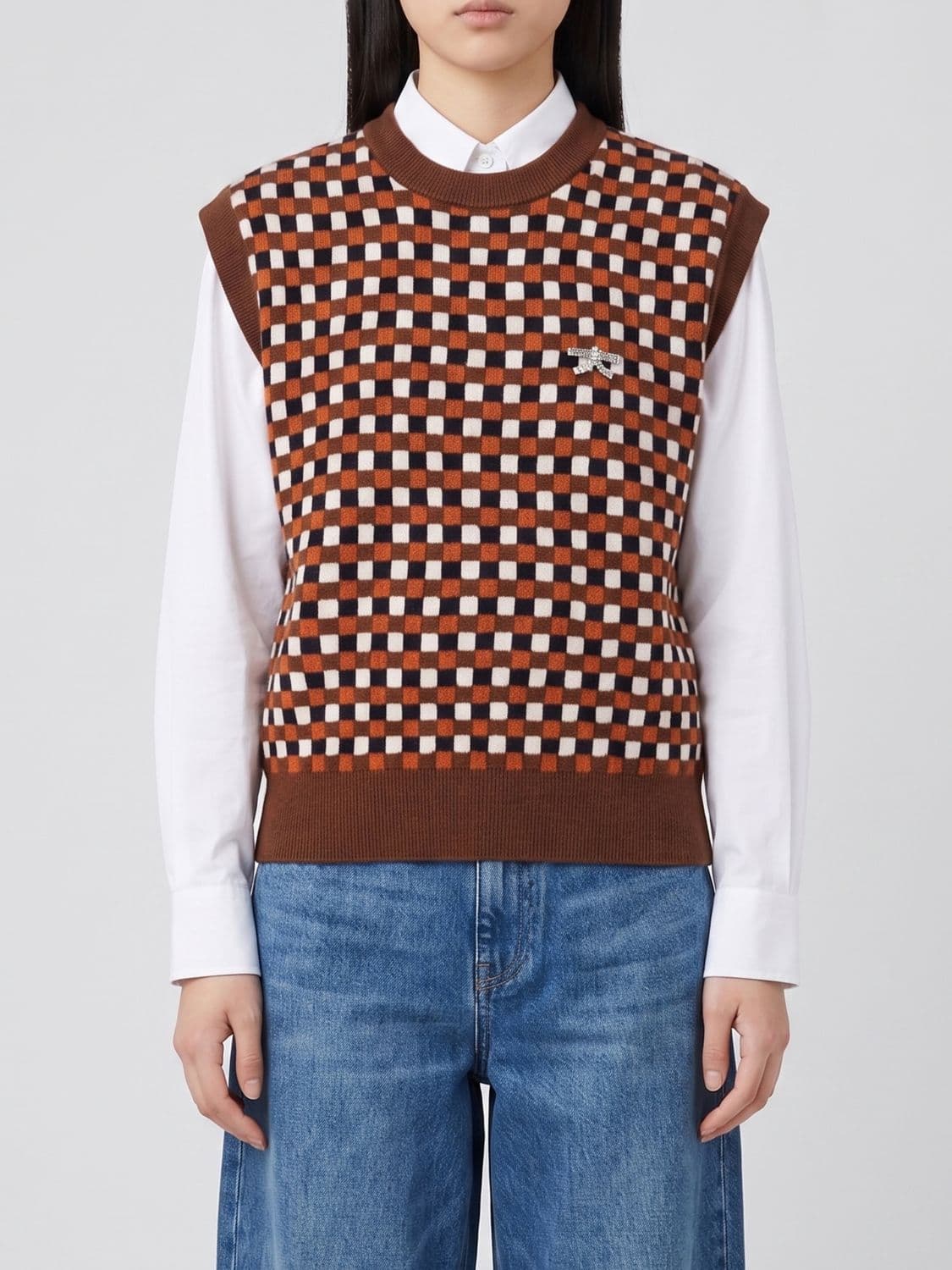 Golden Goose Check Wool Knit Vest with Crew Neck