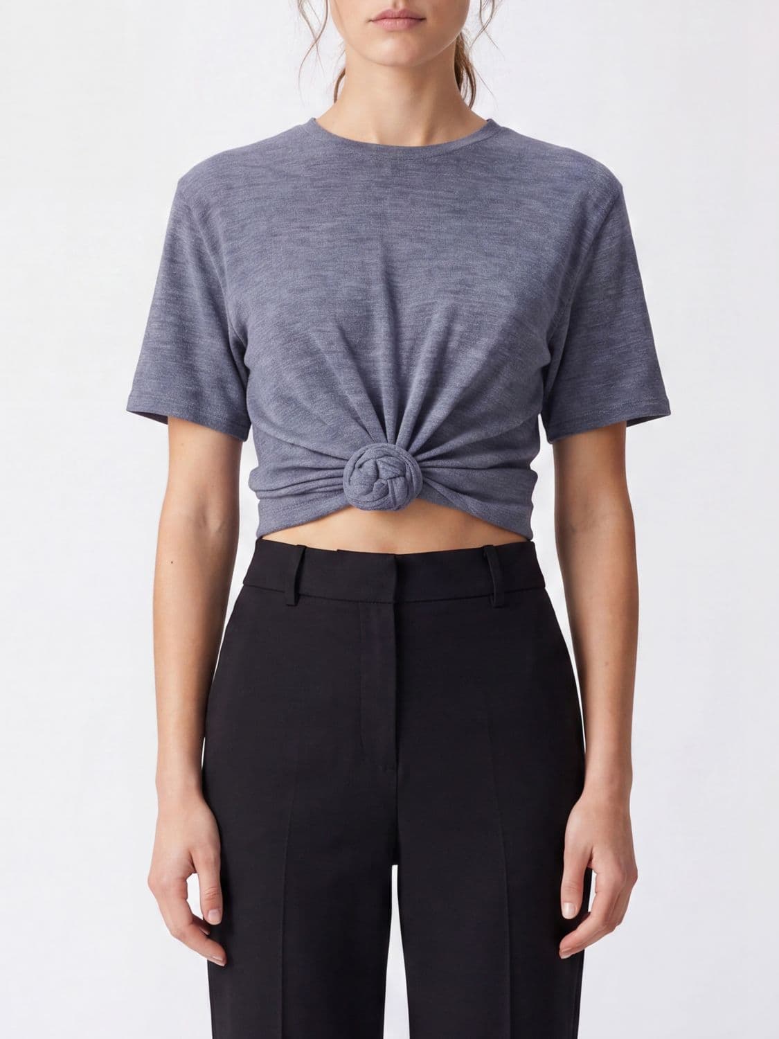 Magda Butrym Wool T-shirt with Flower Appliqué and Tie-Hem