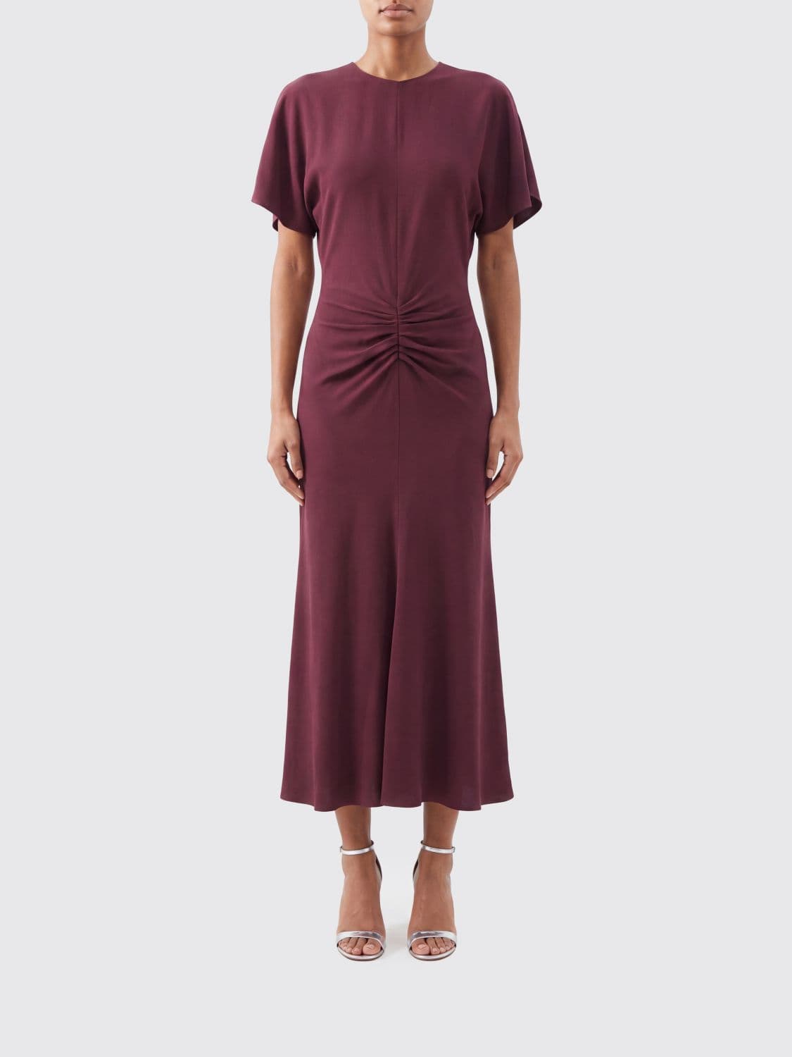 Victoria Victoria Beckham Bela Short-Sleeved Midi Sheath Dress with Ruched Waist