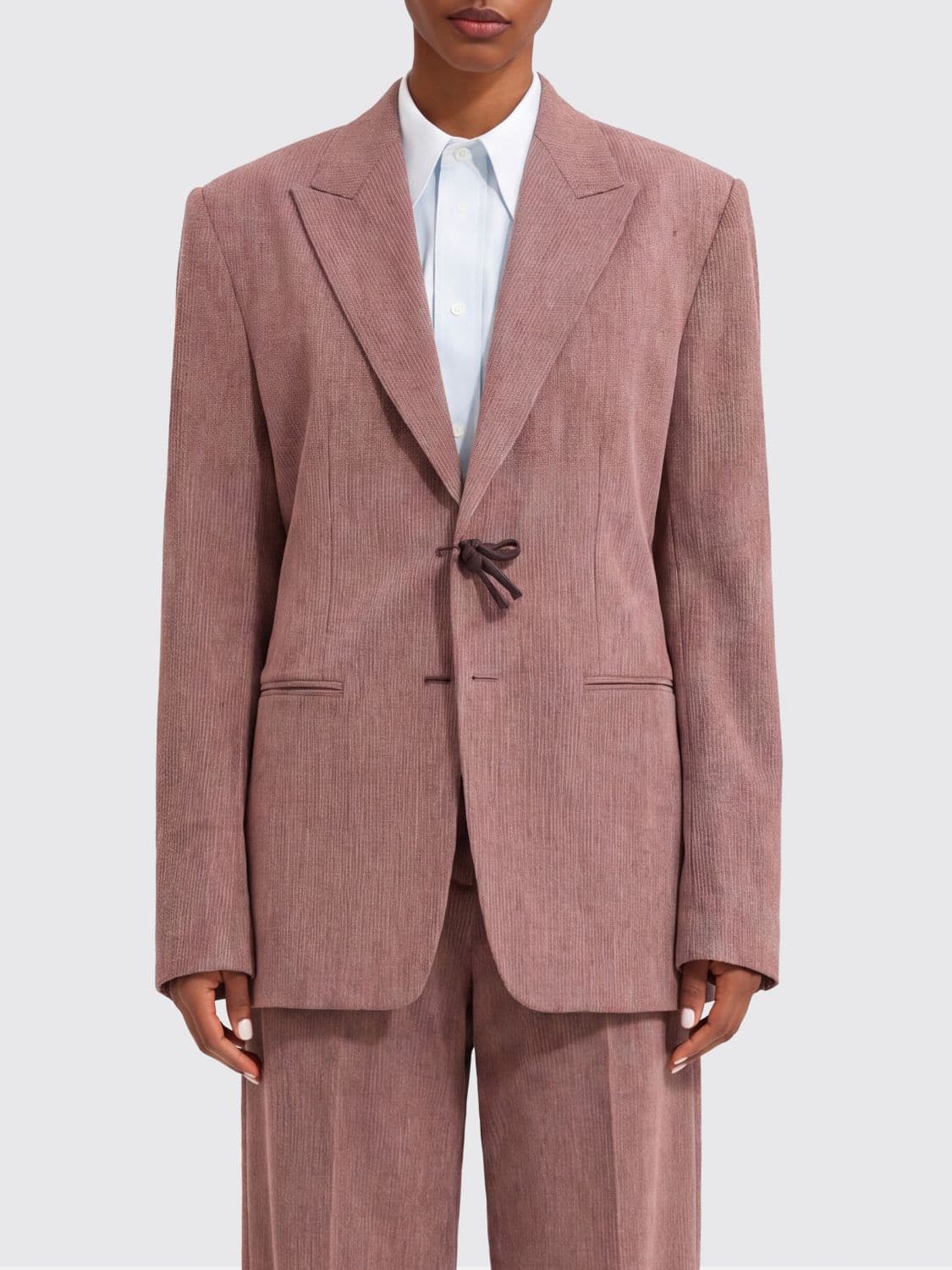 Bottega Veneta Single-Breasted Wool Blazer with Tie Closure and Knot Charm