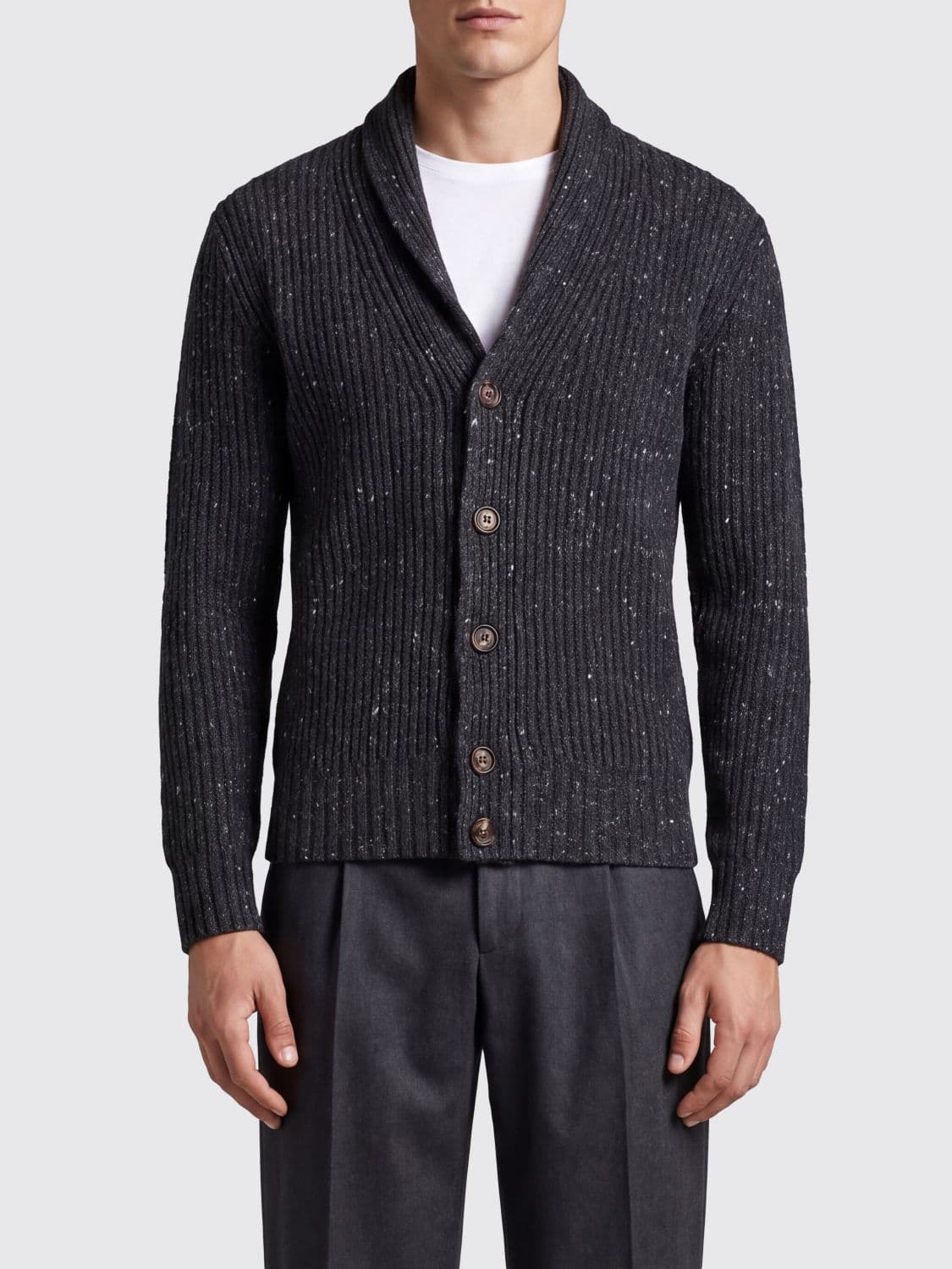 Eleventy Slim Fit Abstract Pattern Wool and Cashmere Cardigan with Shawl Collar