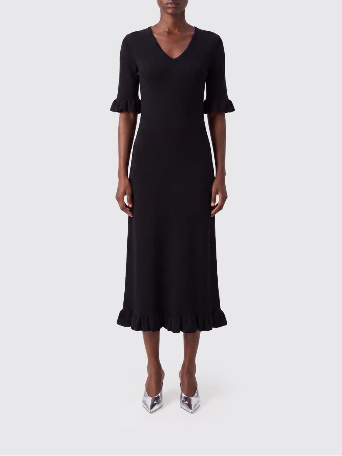 Jil Sander Knit Midi Dress in Cotton Blend with V-Neck and Ruffles