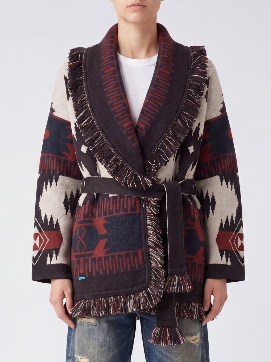 Alanui Robe Cardigan in Cashmere with Ethnic Pattern and Fringes