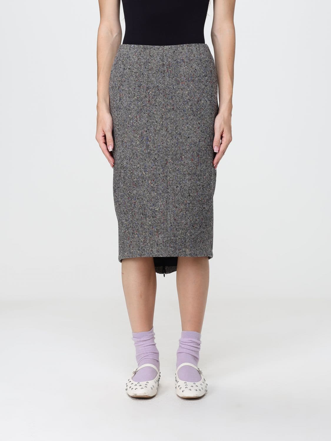 N° 21 Abstract Print Virgin Wool Midi Pencil Skirt with Asymmetric Hem