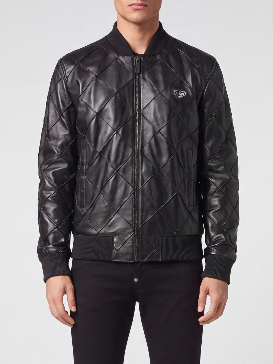 Philipp Plein Quilted Leather Bomber Jacket with Zip Closure and Applied Logo