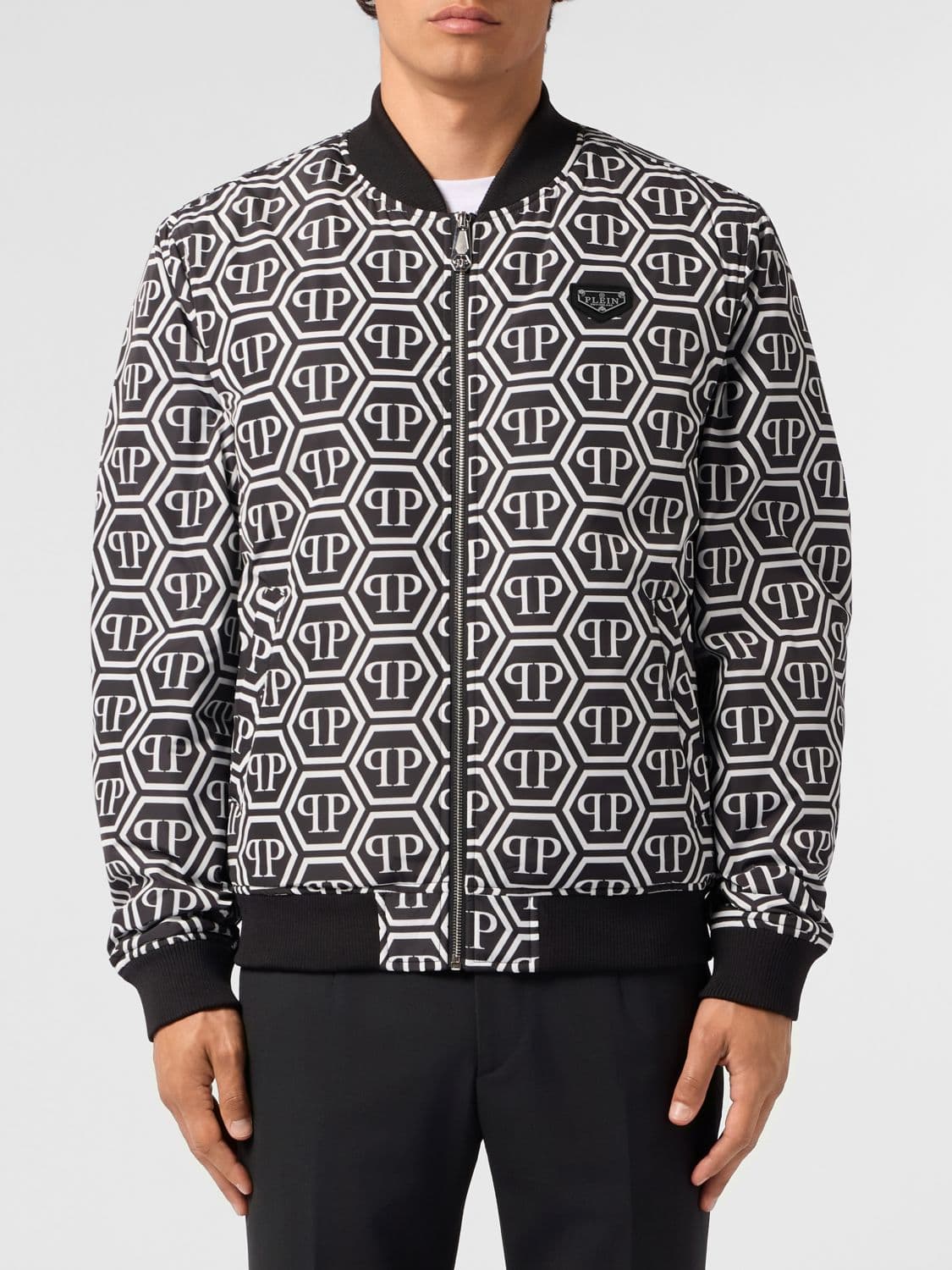 Philipp Plein Padded Bomber Jacket in Technical Fabric with Monogram Logo