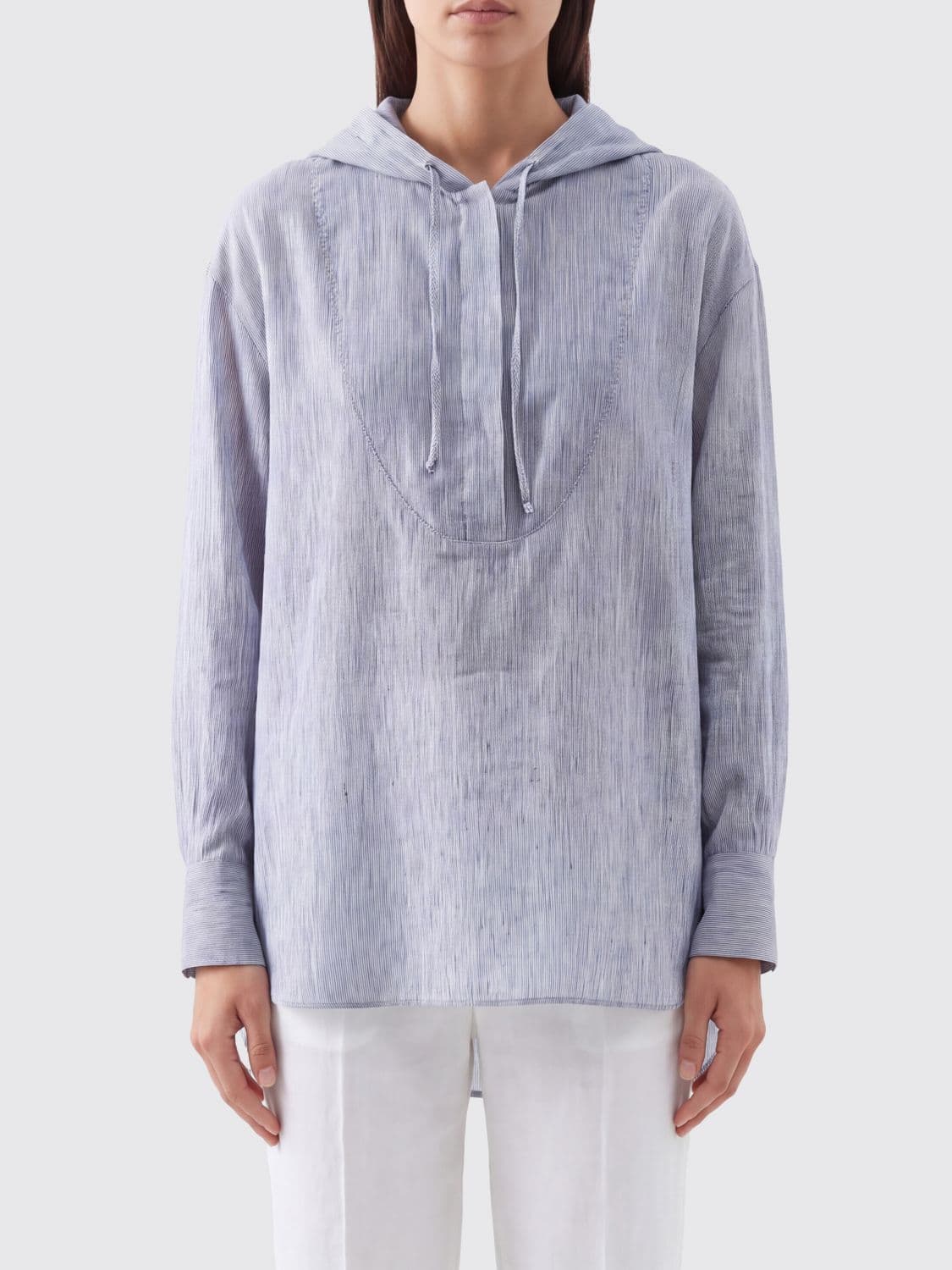 Brunello Cucinelli Striped Hooded Shirt in Linen and Silk · L