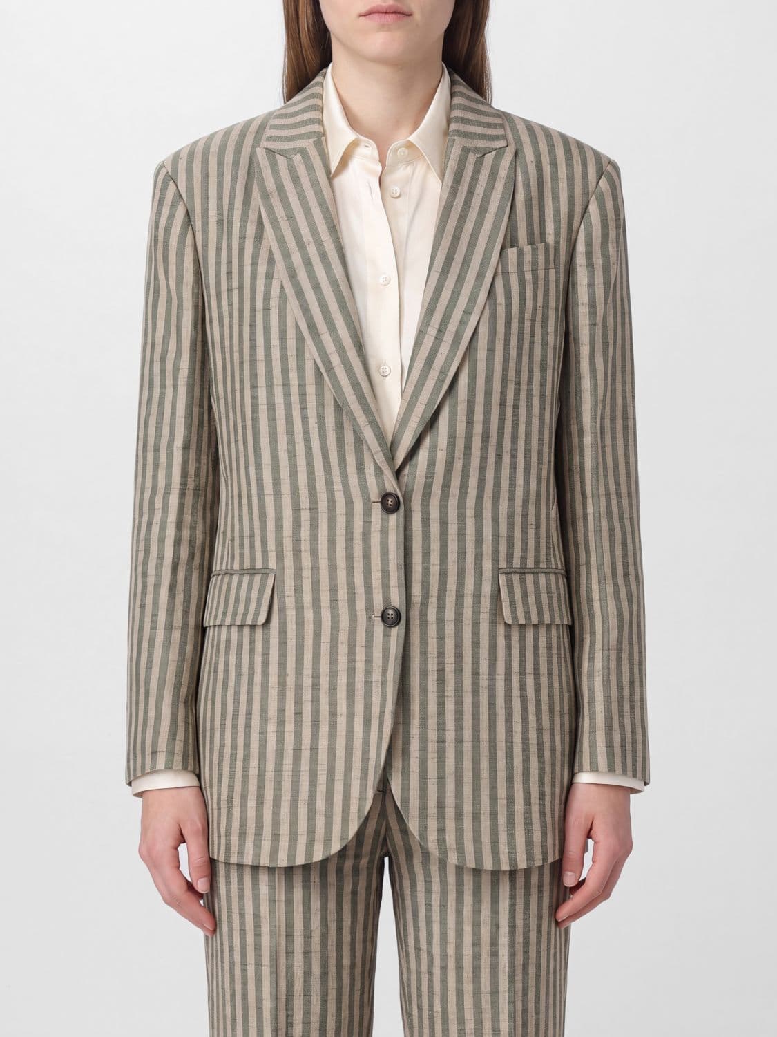 Brunello Cucinelli Striped Linen Single-Breasted Blazer with Peak Lapels
