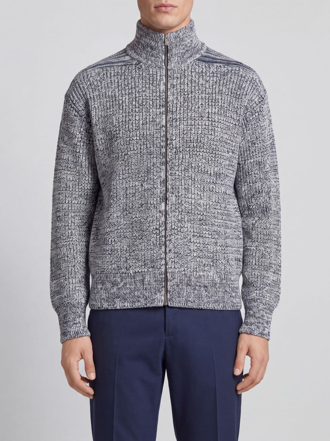 Ferragamo Turtleneck Zip-Up Cardigan in a Bicolor Cotton and Virgin Wool Blend