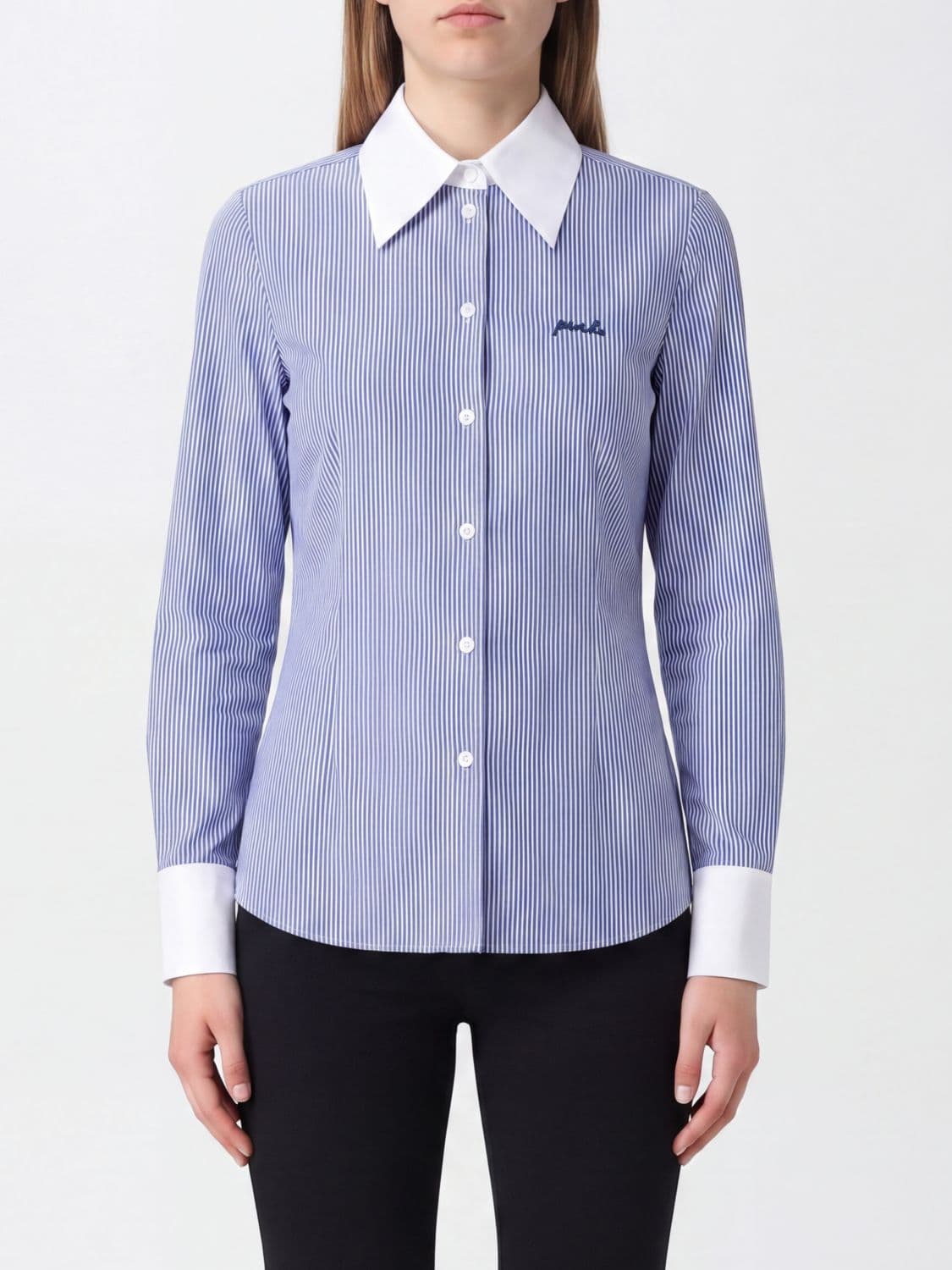 Pinko Striped Slim Fit Cotton Shirt with a Pointed Collar and Embroidered Logo