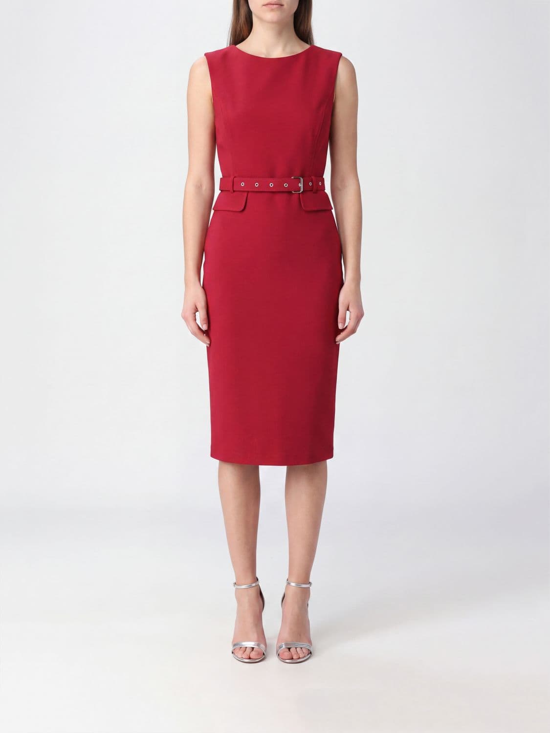 Pinko Sleeveless Crêpe Sheath Midi Dress with a Waist Belt