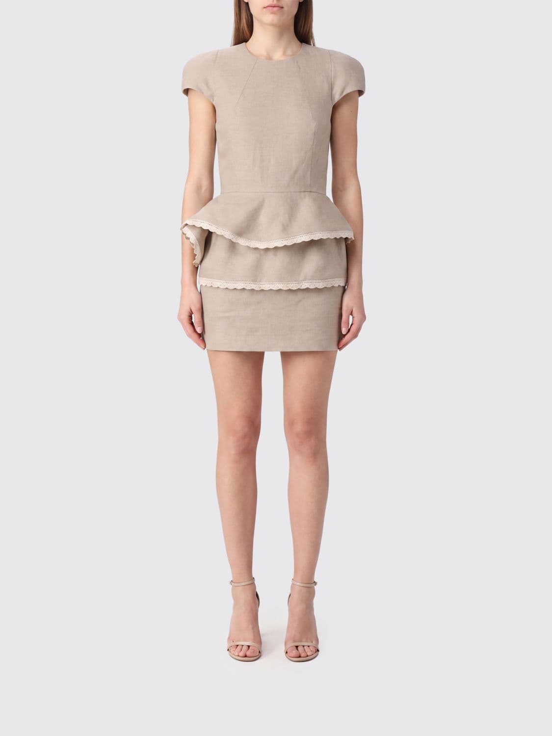 Magda Butrym Linen Sheath Mini Dress with Flower Appliqué and Lace
