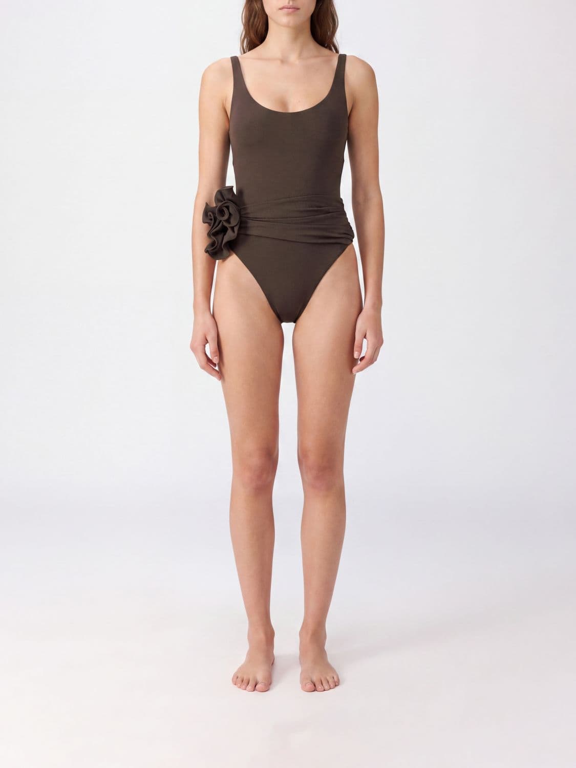 Magda Butrym Draped One-Piece Swimsuit with Flower Appliqué