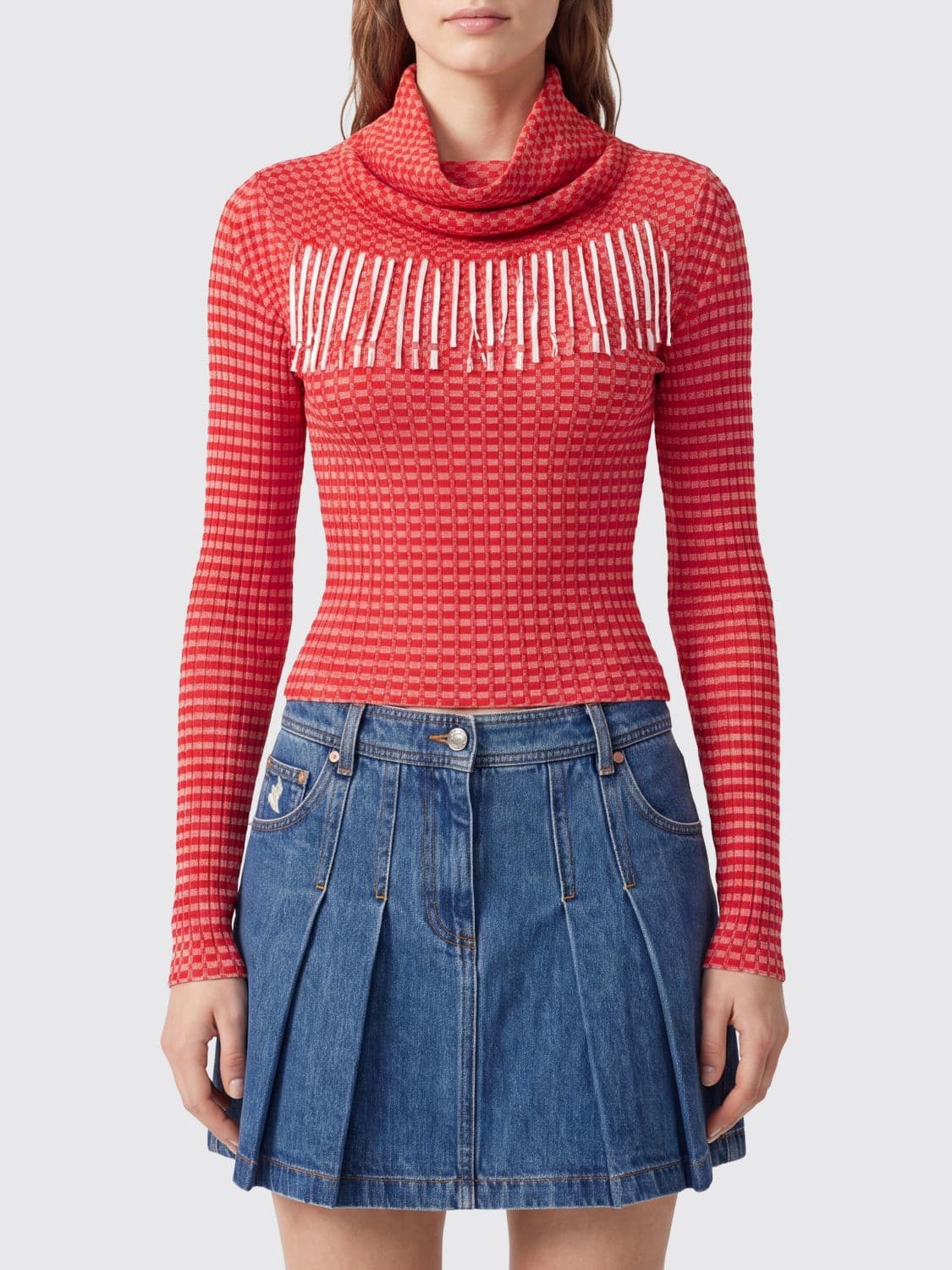 Jean Paul Gaultier Slim-Fit Long-Sleeved Turtleneck Top in Checkered Viscose