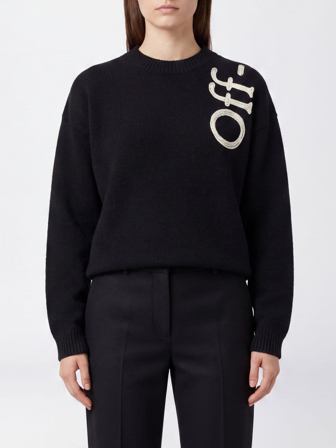 Off-White Wool Blend Crewneck Jumper with Contrast Intarsia Logo