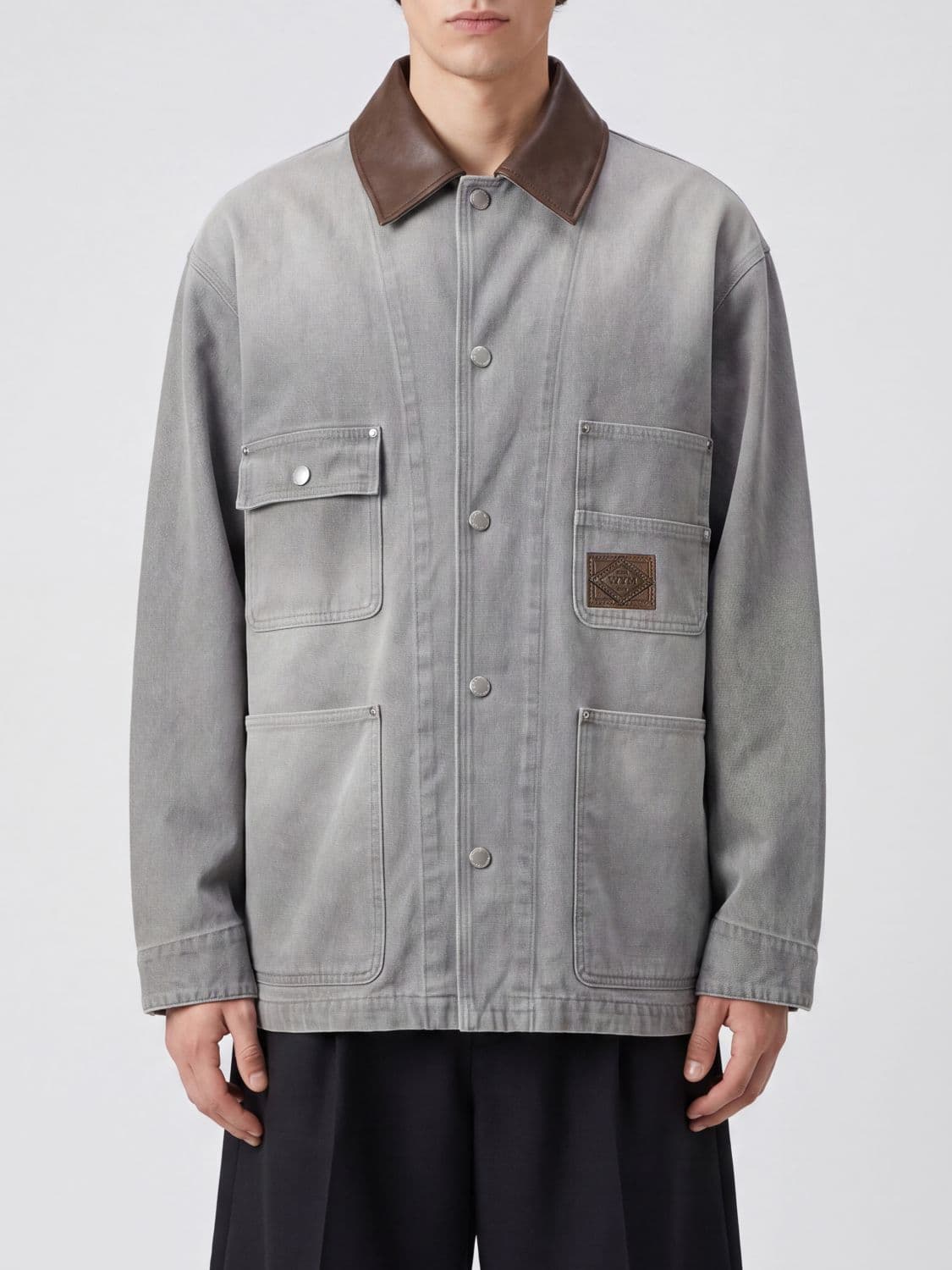 Wooyoungmi Cotton Denim Jacket with Leather Collar and Dropped Shoulders