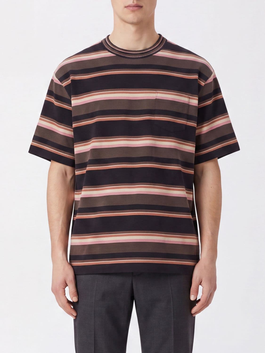 Sacai Striped Cotton T-shirt with Patch Pocket and Dropped Shoulders