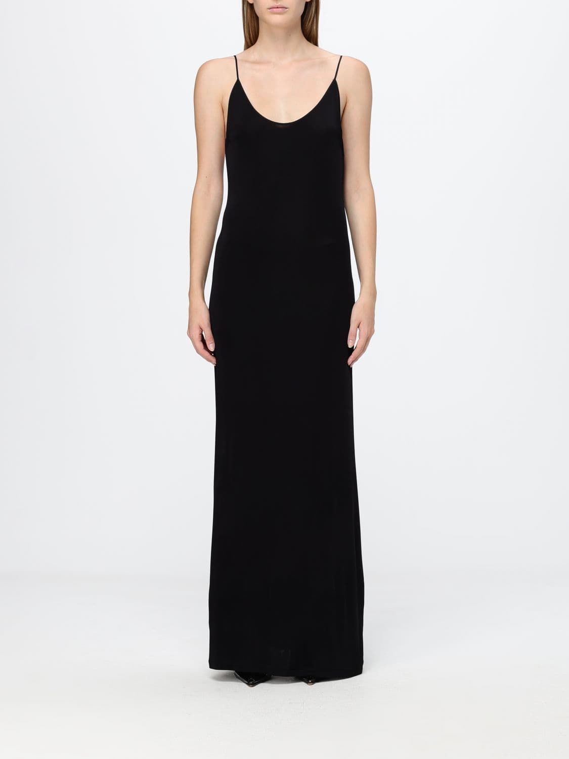 Saint Laurent Long Slip Dress in Stretch Viscose with Thin Straps