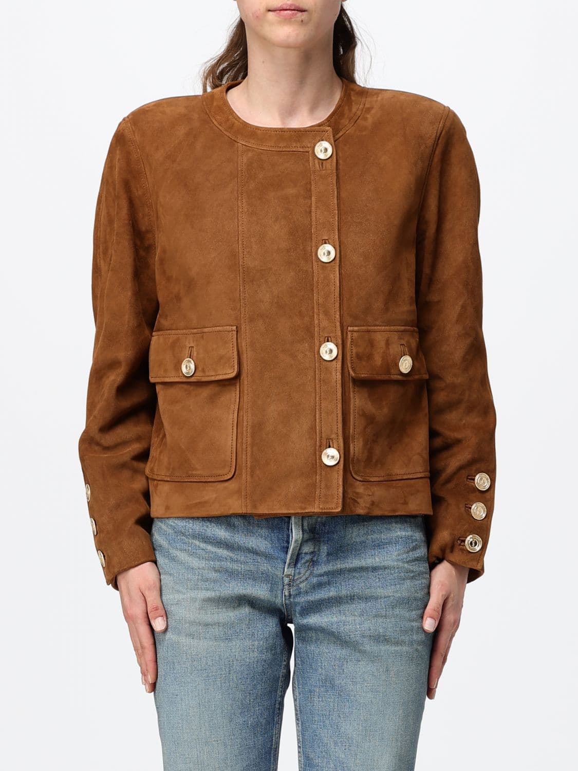 Saint Laurent Double-Breasted Cropped Jacket in Suede Lambskin