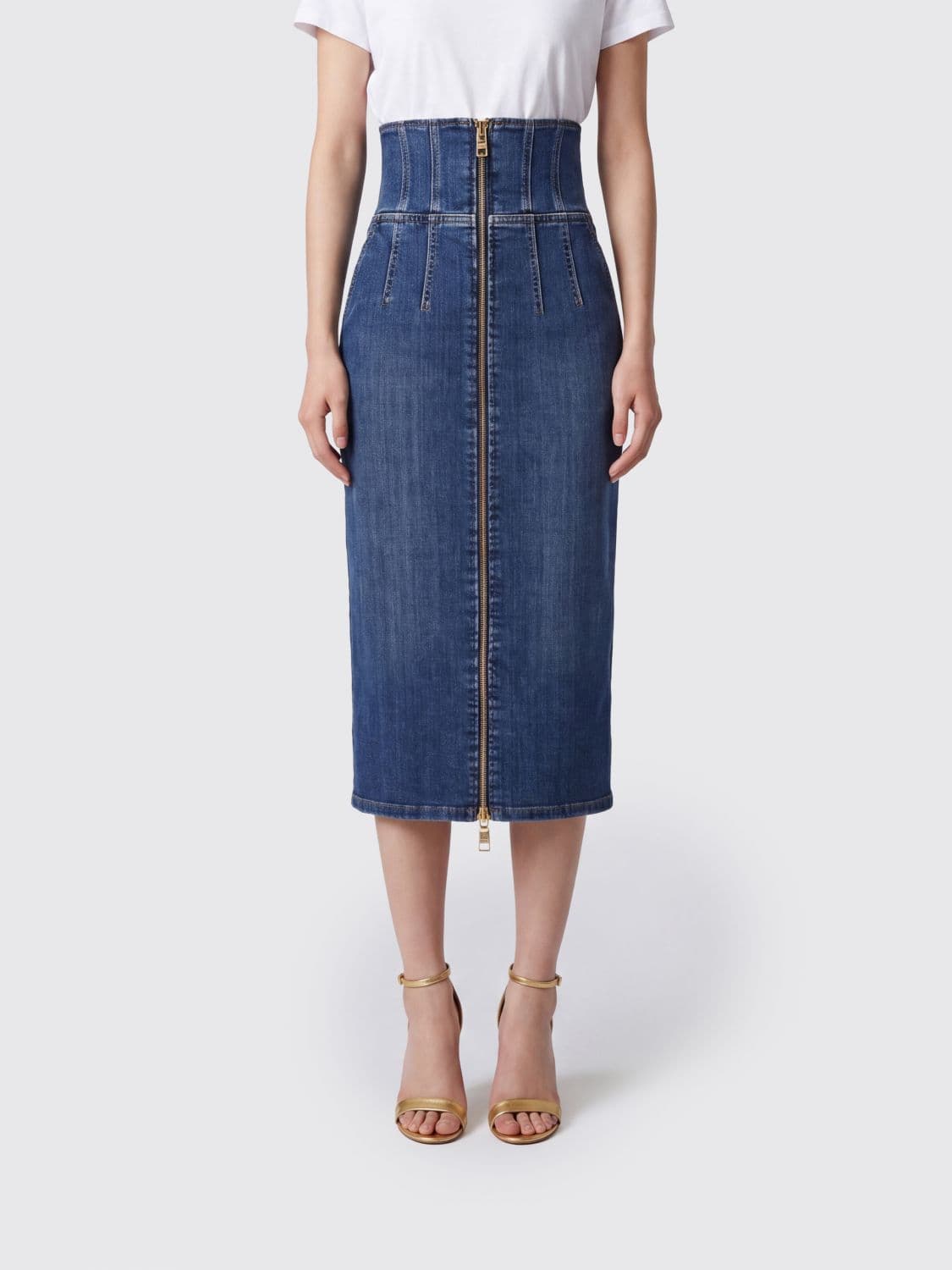 Elisabetta Franchi High-Waisted Denim Bustier Midi Skirt