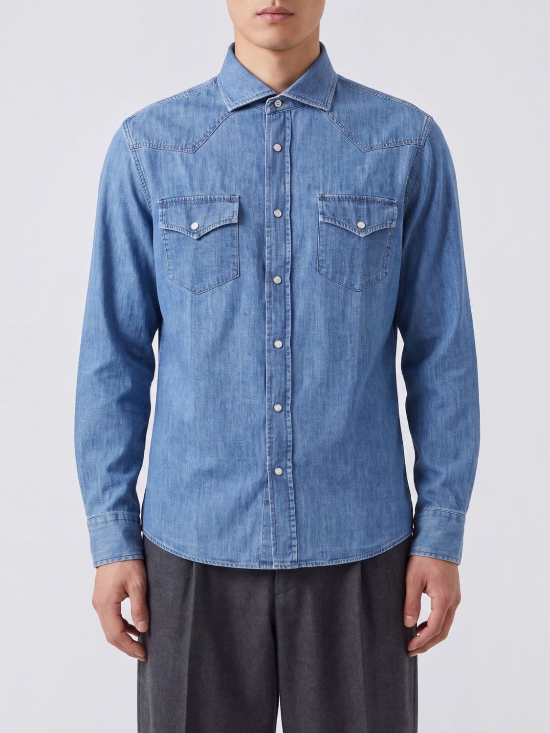 Brunello Cucinelli Cotton Denim Shirt with French Collar