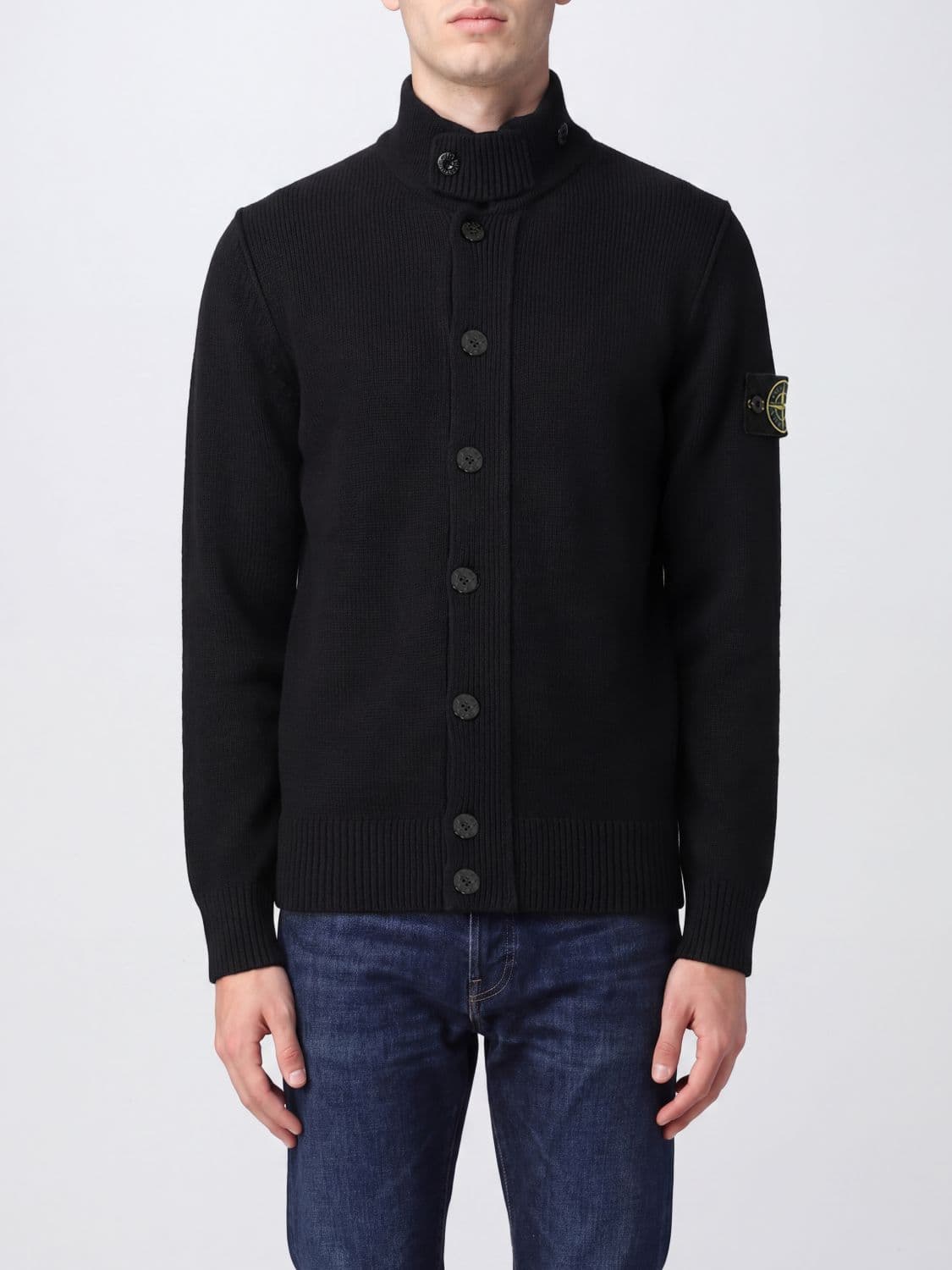 Stone Island Virgin Wool Blend High Neck Cardigan with Logo Patch