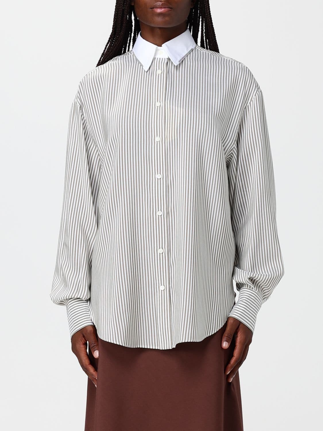 Brunello Cucinelli Striped Silk Shirt with a Relaxed Fit and Dropped Shoulders