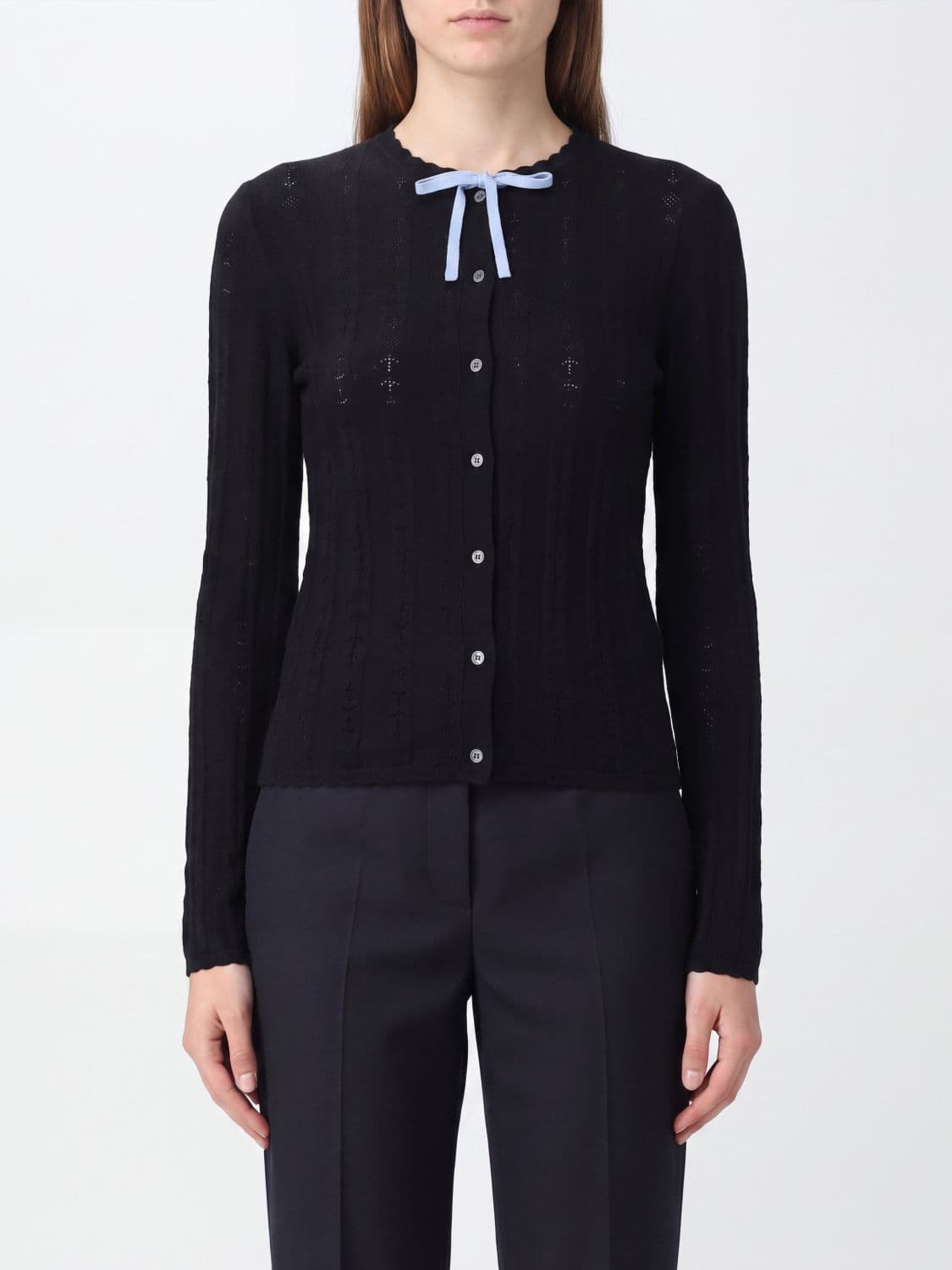 Marni Slim Fit Wool and Silk Cardigan with Bow Detail