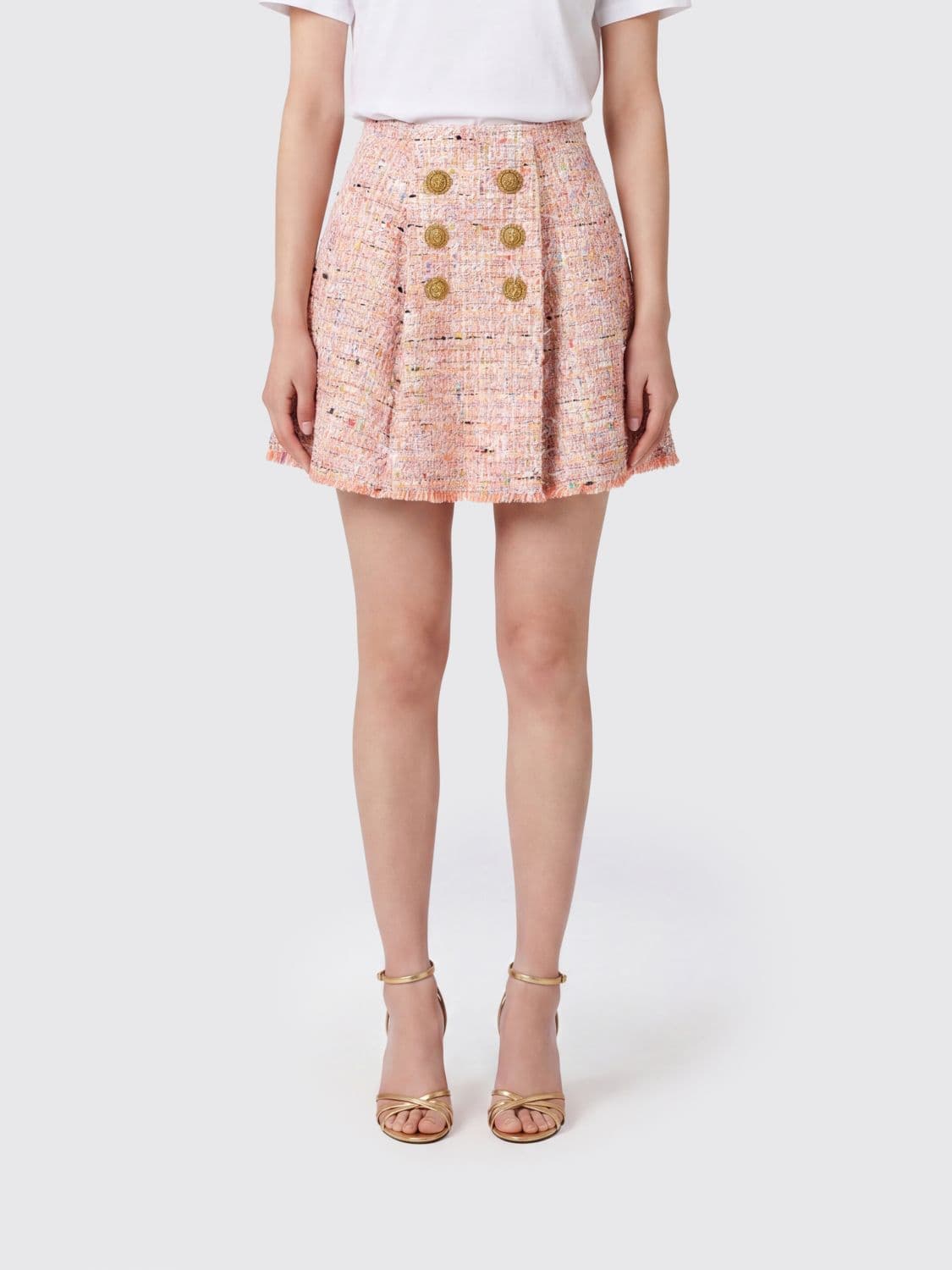 Balmain High-Waisted Tweed Mini Skirt with Abstract Pattern and Frayed Hem