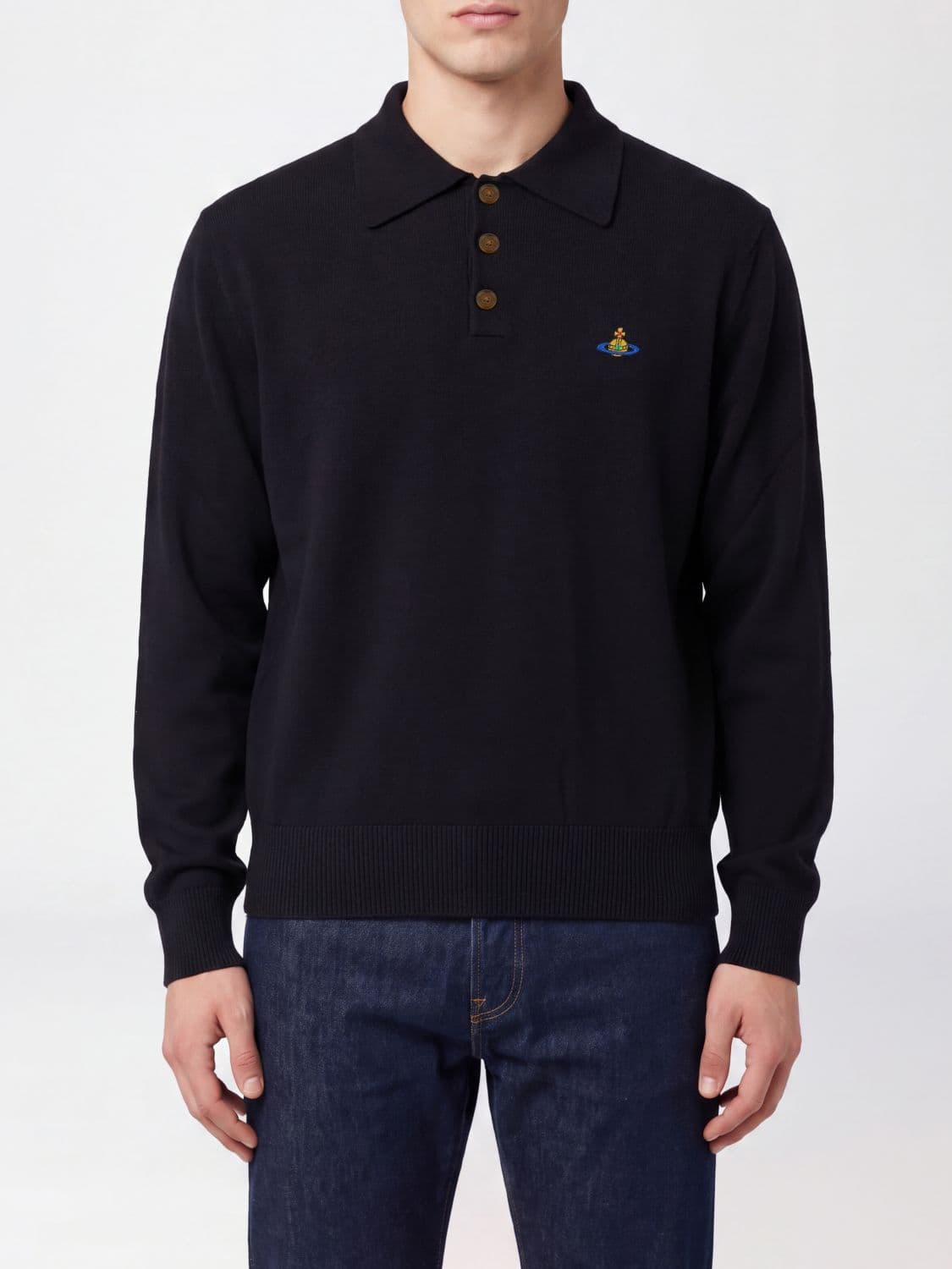 Vivienne Westwood Mark Long-Sleeved Wool Knit Polo Shirt with Embroidered Orb Logo
