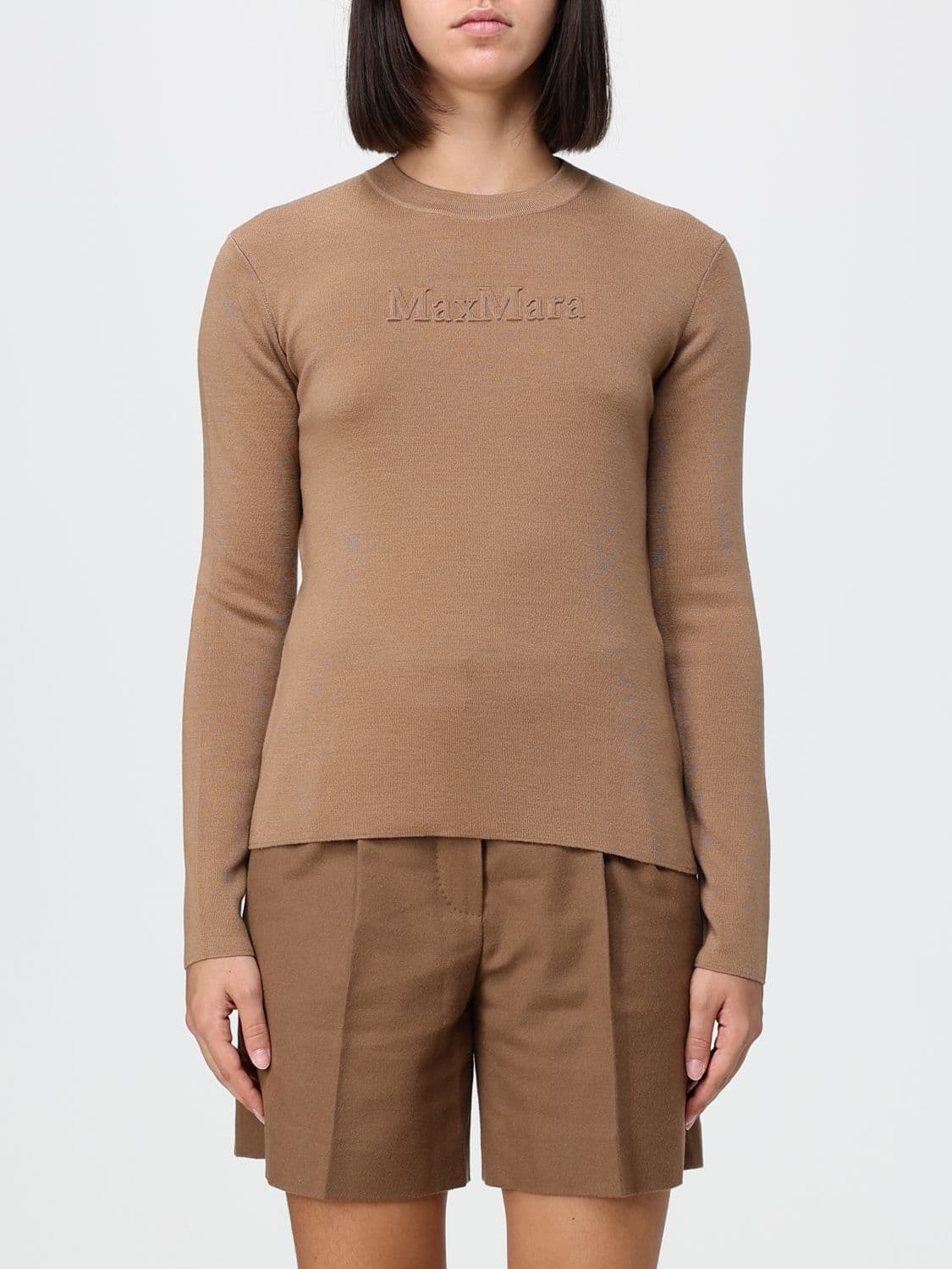 Max Mara Slim Fit Pure Virgin Wool Crewneck Jumper with Tonal Logo