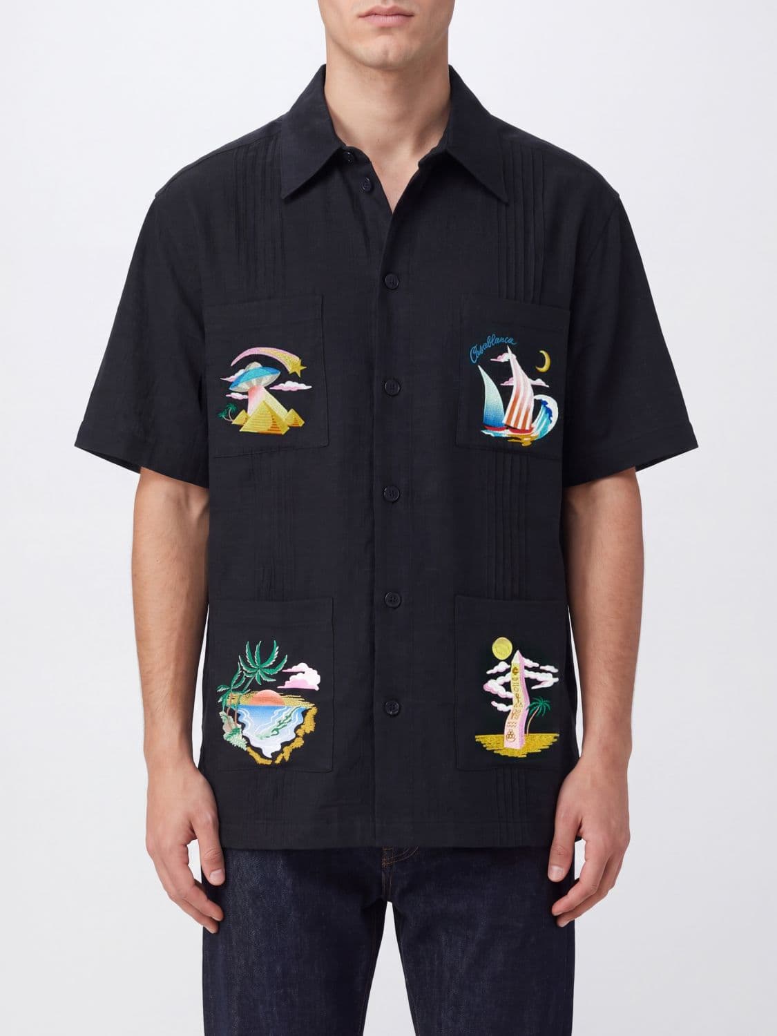 Casablanca Short-Sleeve Embroidered Cotton Shirt with Dropped Shoulders