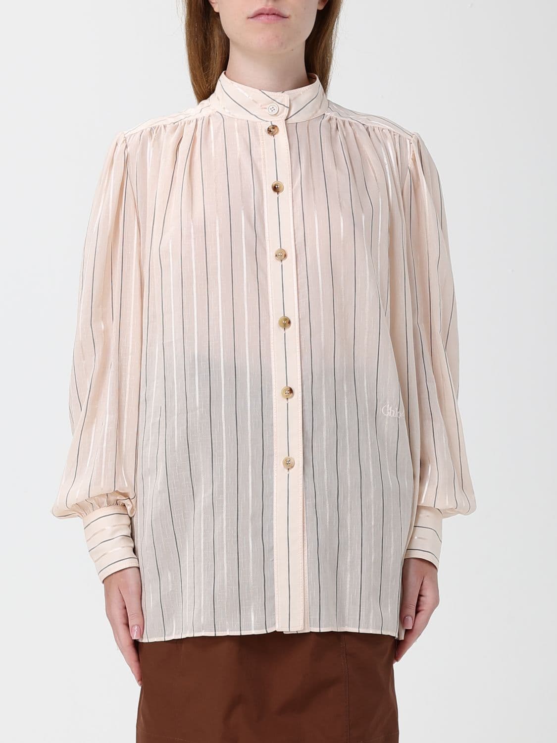 Chloé Striped Pure Silk Shirt with Mandarin Collar and Long Sleeves
